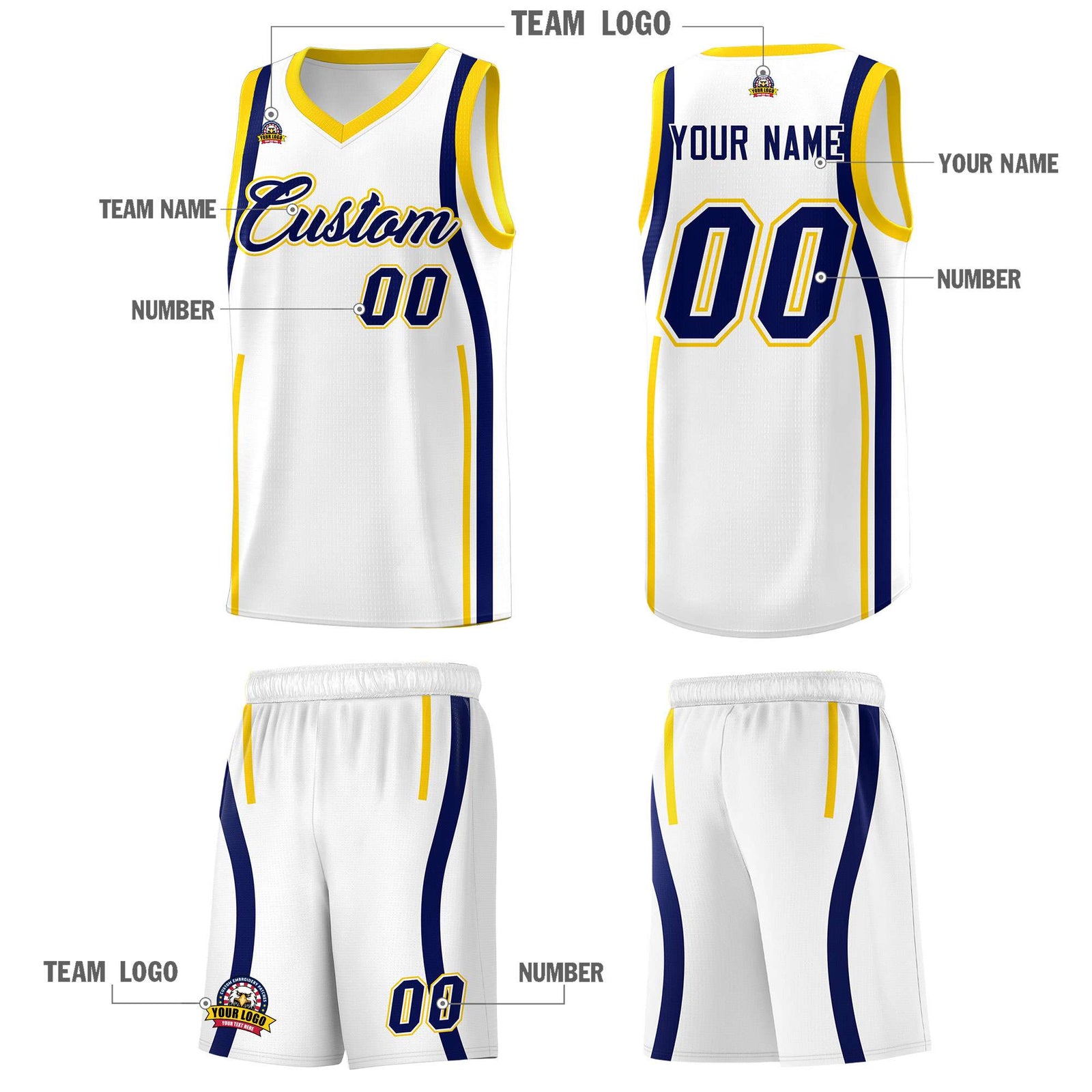 Custom White Navy-Gold Ribbon Pattern Basketball Kits