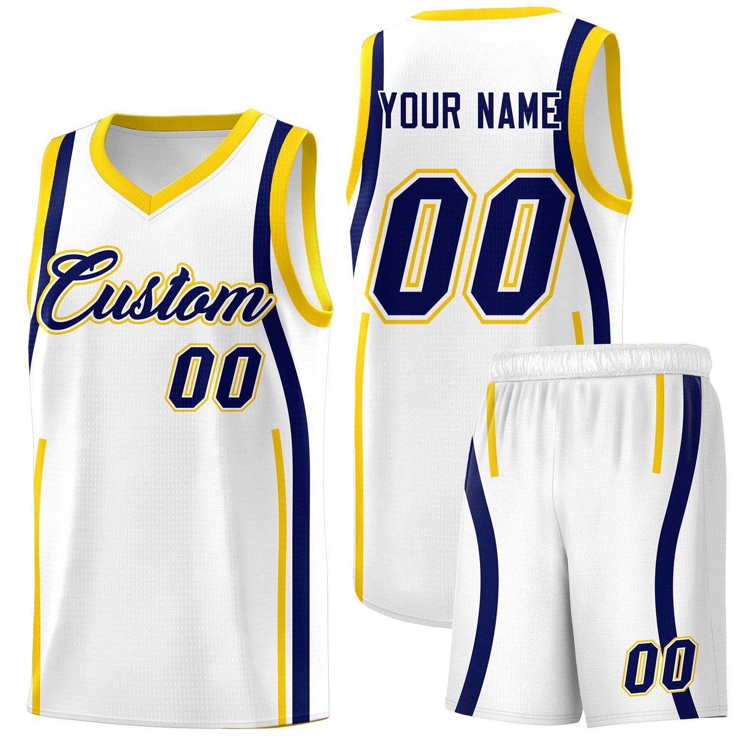 Custom White Navy-Gold Ribbon Pattern Basketball Kits