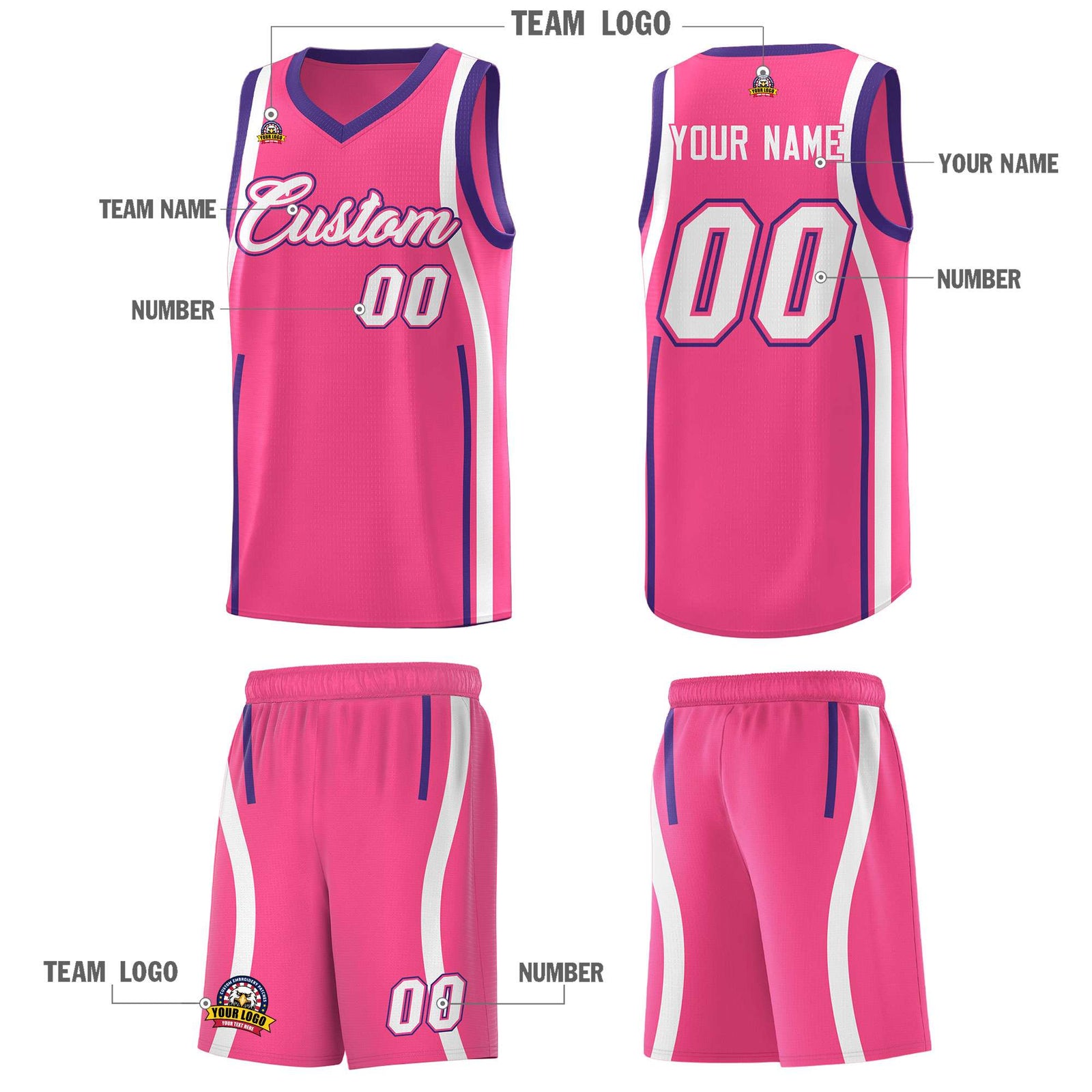 Custom Pink Purple-White Ribbon Pattern Basketball Kits