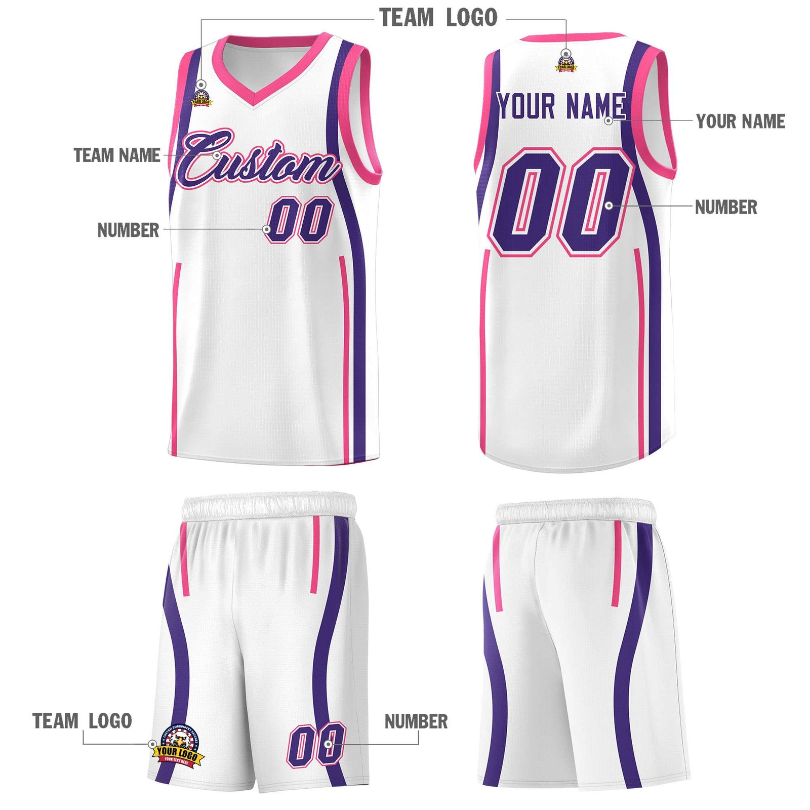 Custom White Pink-Purple Ribbon Pattern Basketball Kits