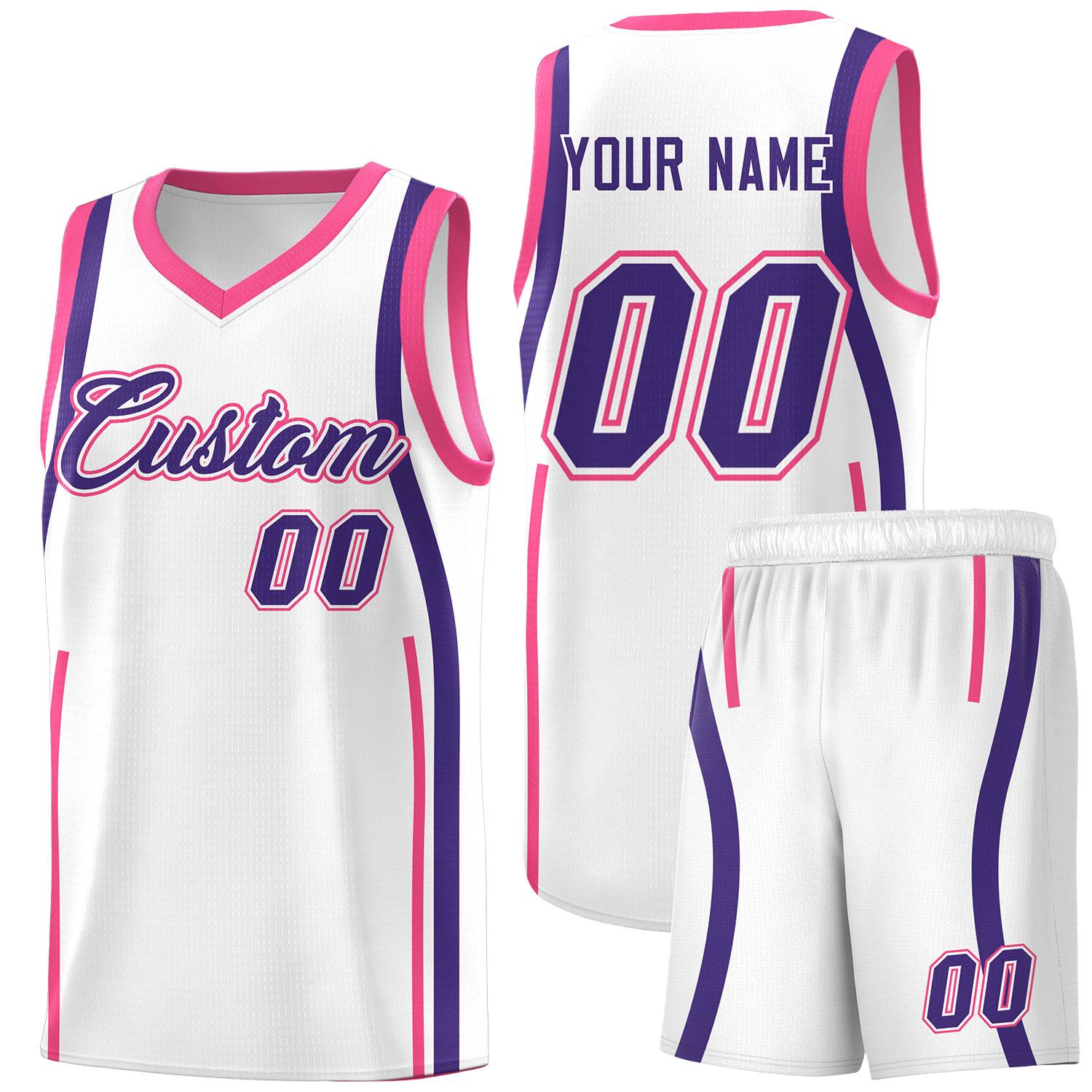 Custom White Pink-Purple Ribbon Pattern Basketball Kits