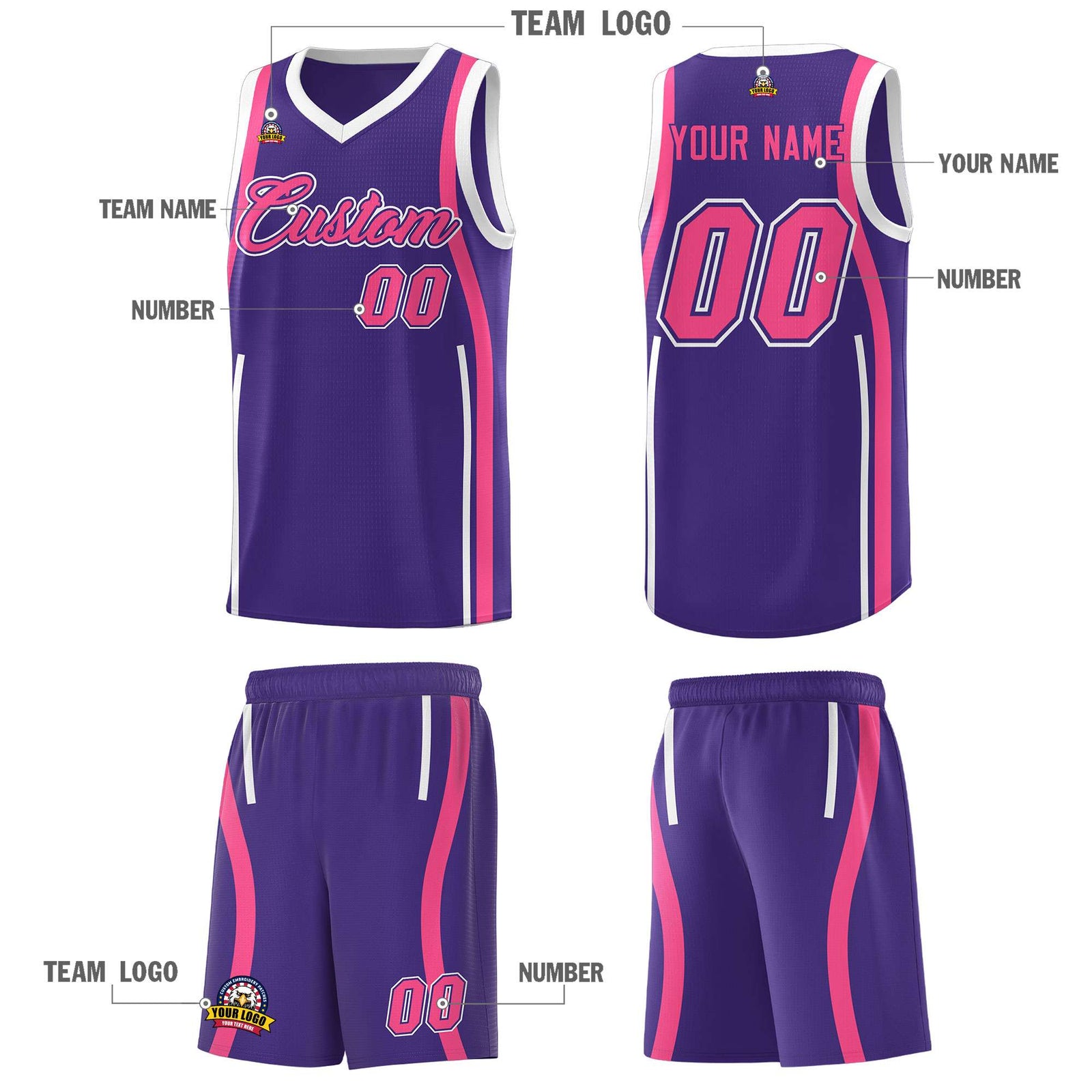Custom Purple Pink-White Ribbon Pattern Basketball Kits