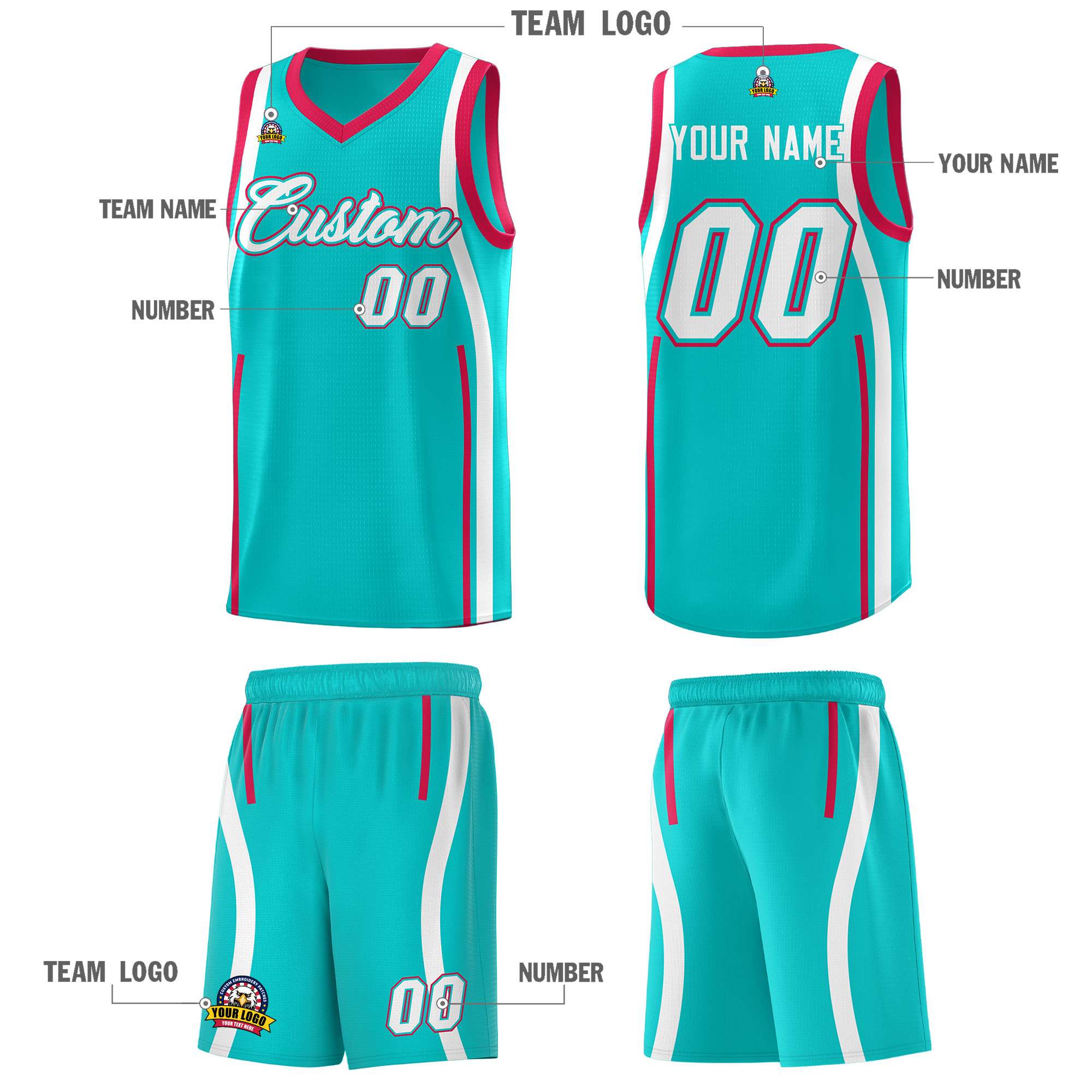 Custom Aqua Red-White Ribbon Pattern Basketball Kits