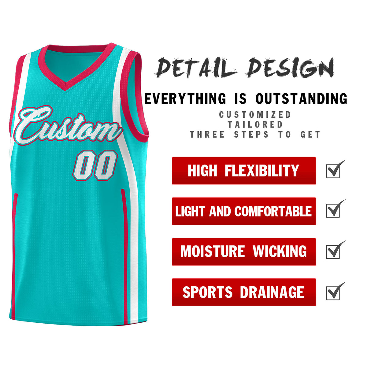 Custom Aqua Red-White Ribbon Pattern Basketball Kits