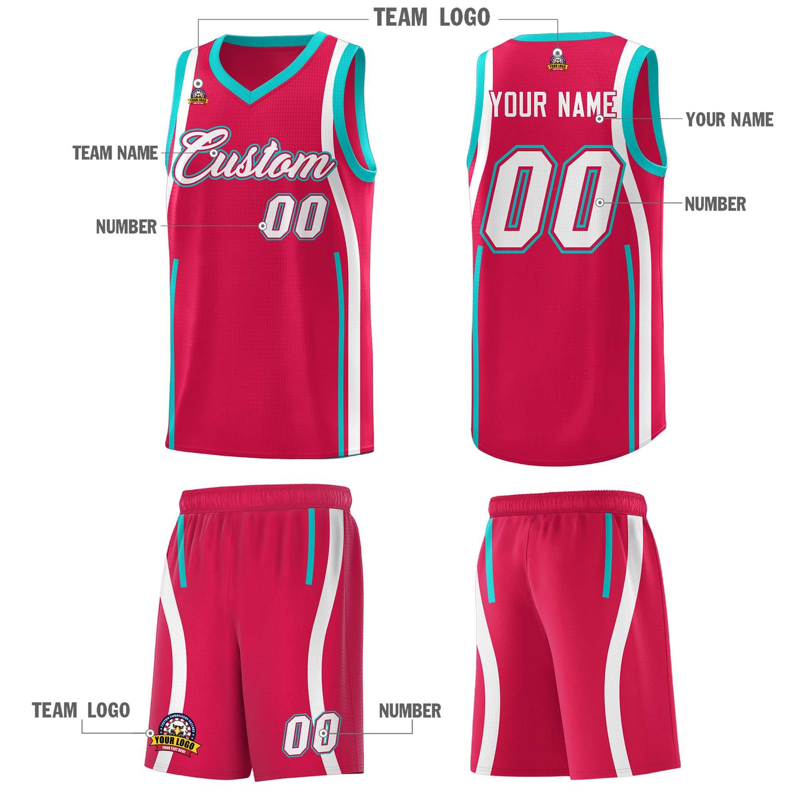 Custom Red Aqua-White Ribbon Pattern Basketball Kits