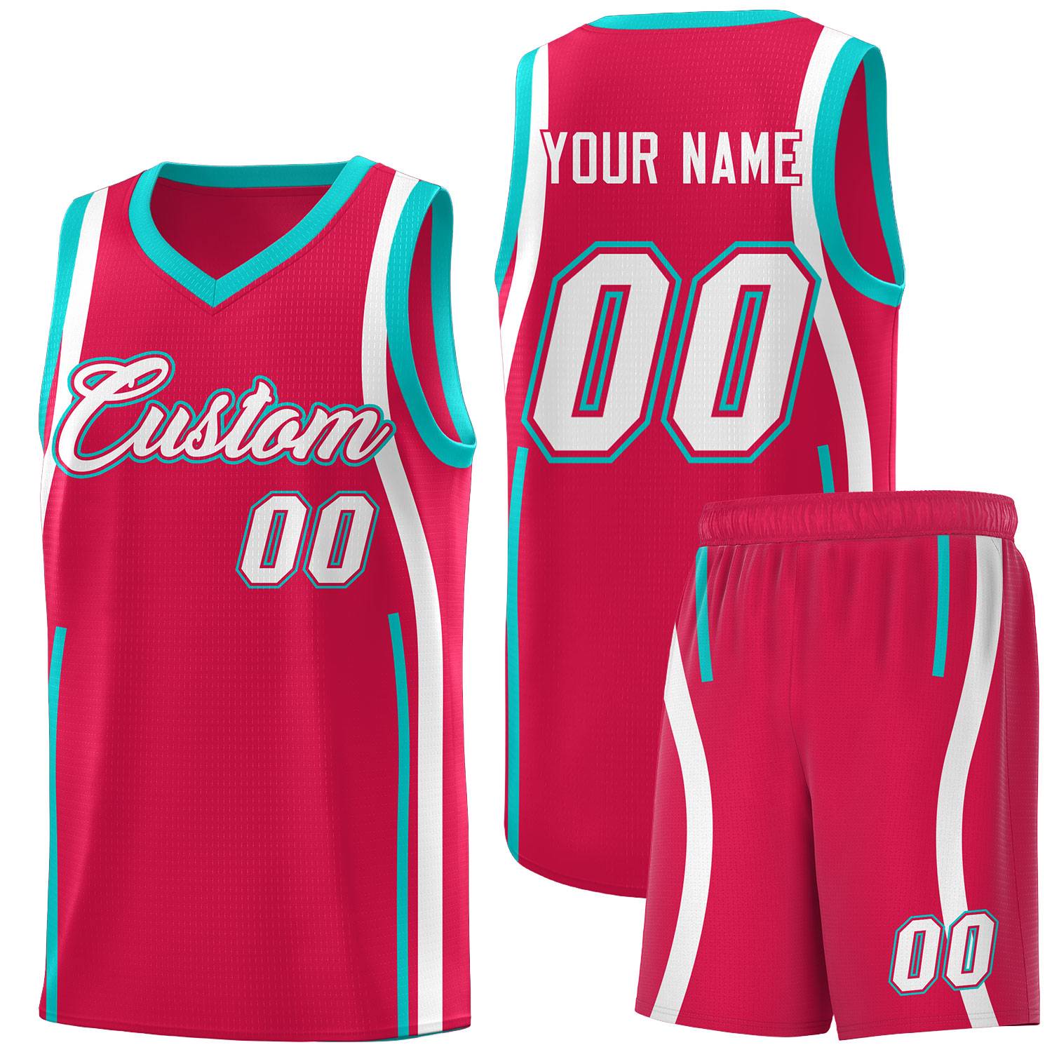 Custom Red Aqua-White Ribbon Pattern Basketball Kits