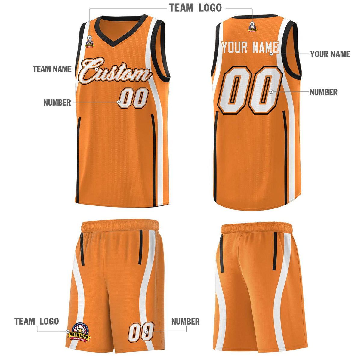 Custom Gold Orange Black-White Ribbon Pattern Basketball Kits