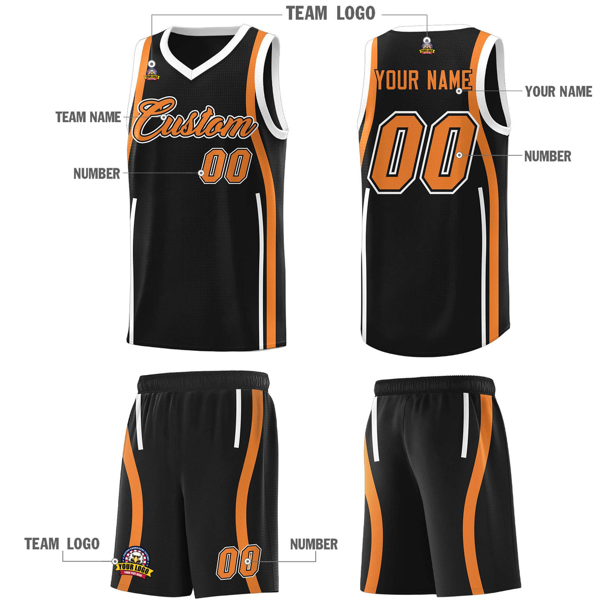 Custom Black Gold Orange-White Ribbon Pattern Basketball Kits