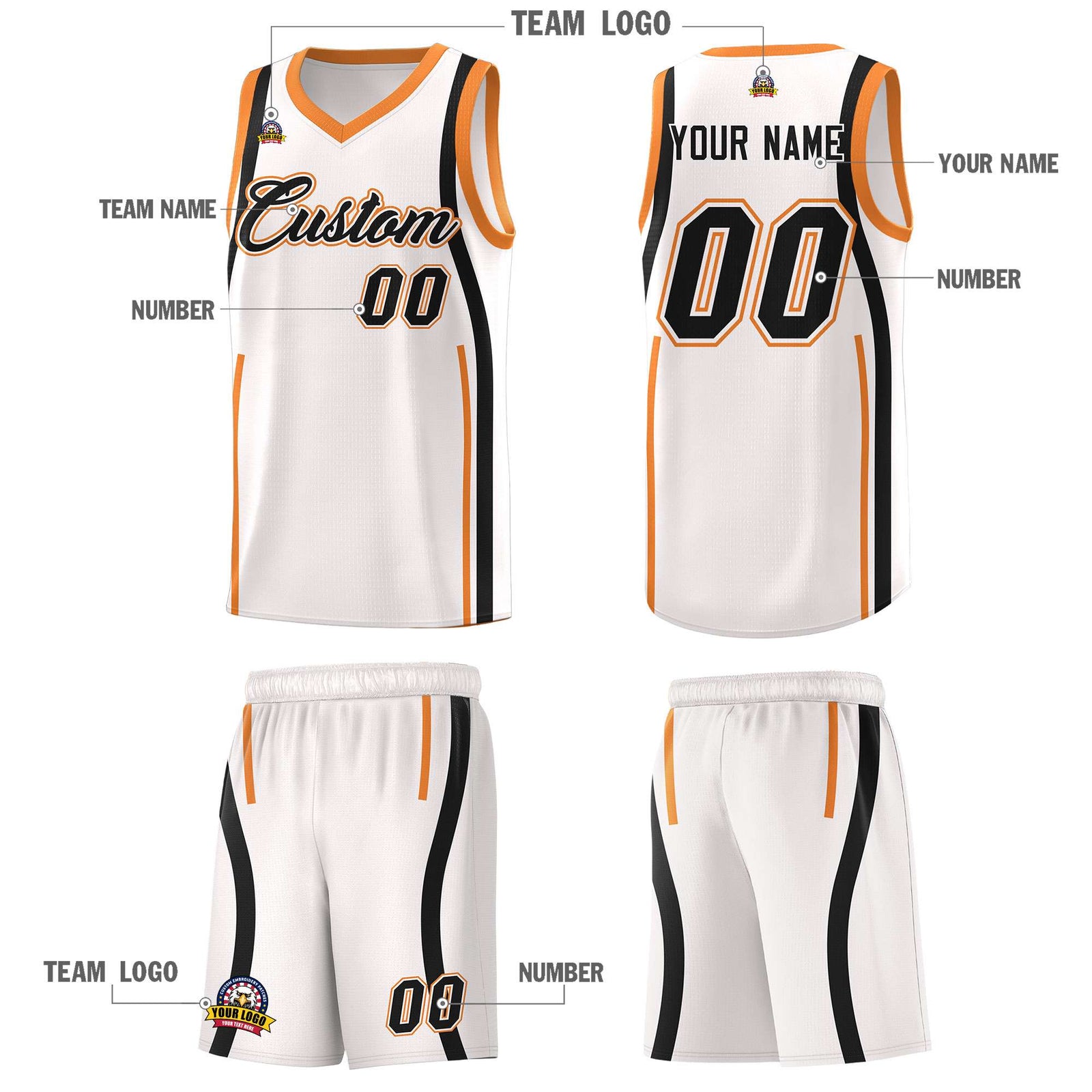 Custom White Gold Orange-Black Ribbon Pattern Basketball Kits
