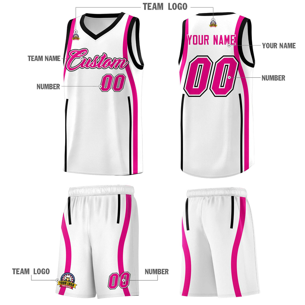 Custom White Pink-Black Ribbon Pattern Basketball Kits