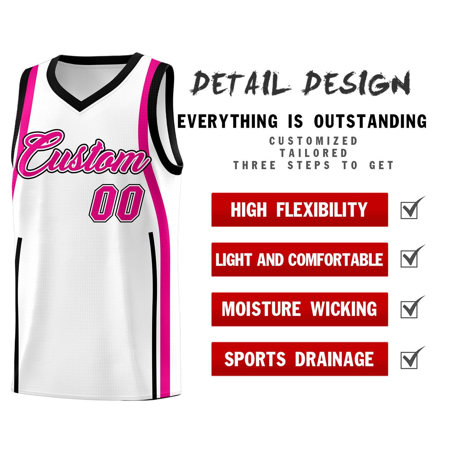 Custom White Pink-Black Ribbon Pattern Basketball Kits