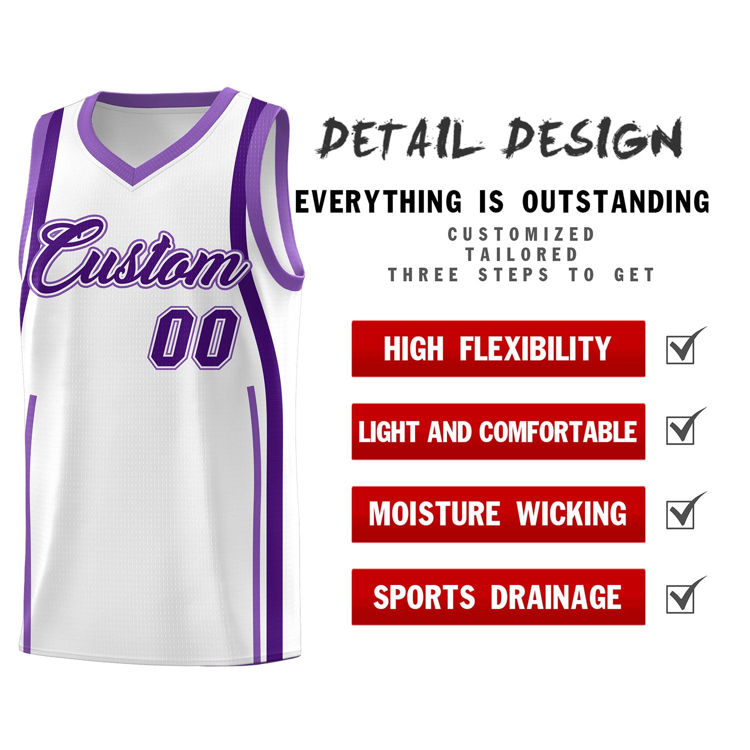 Custom White Purple-Light Purple Ribbon Pattern Basketball Kits
