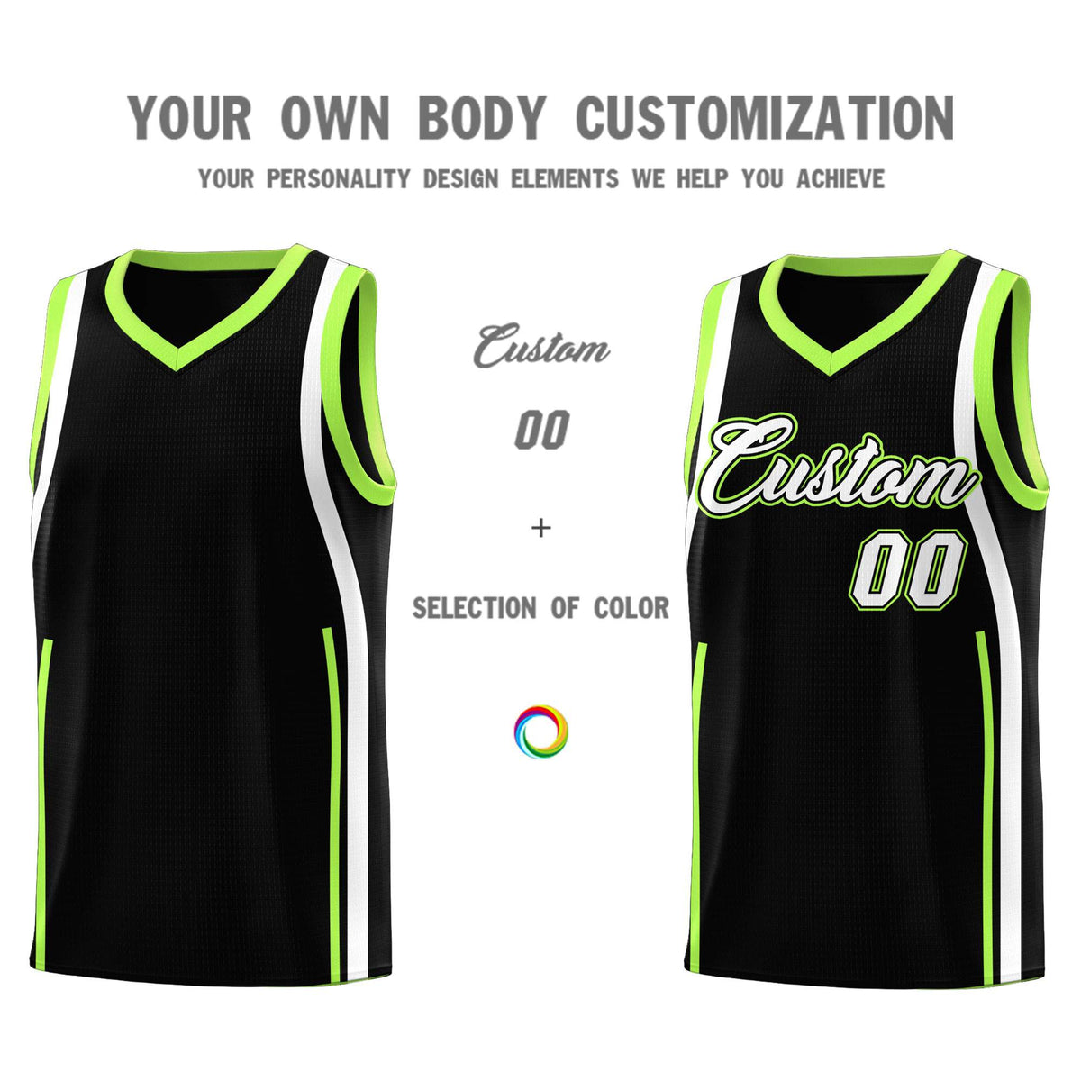 Custom Black Fluorescent Green-White Ribbon Pattern Basketball Kits