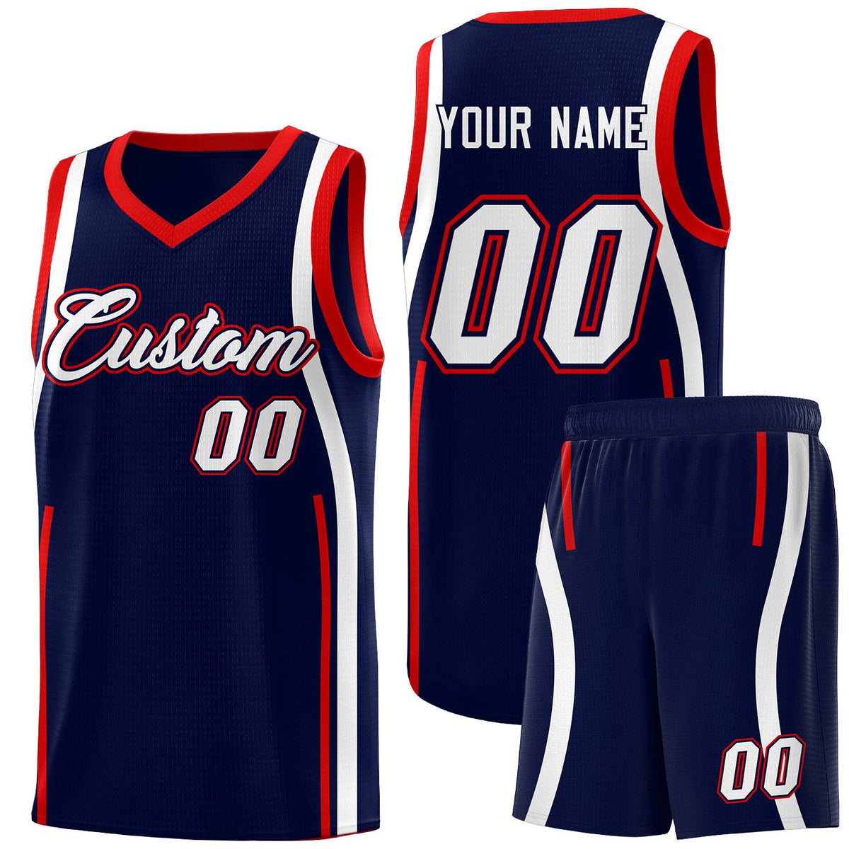 Custom Navy Red-White Ribbon Pattern Basketball Kits
