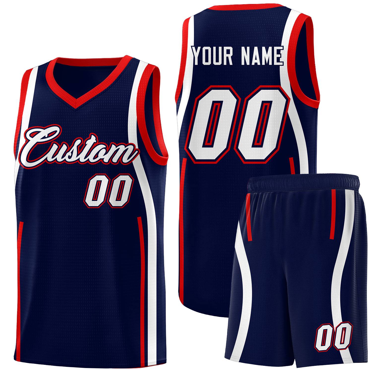 Custom Navy Red-White Ribbon Pattern Basketball Kits