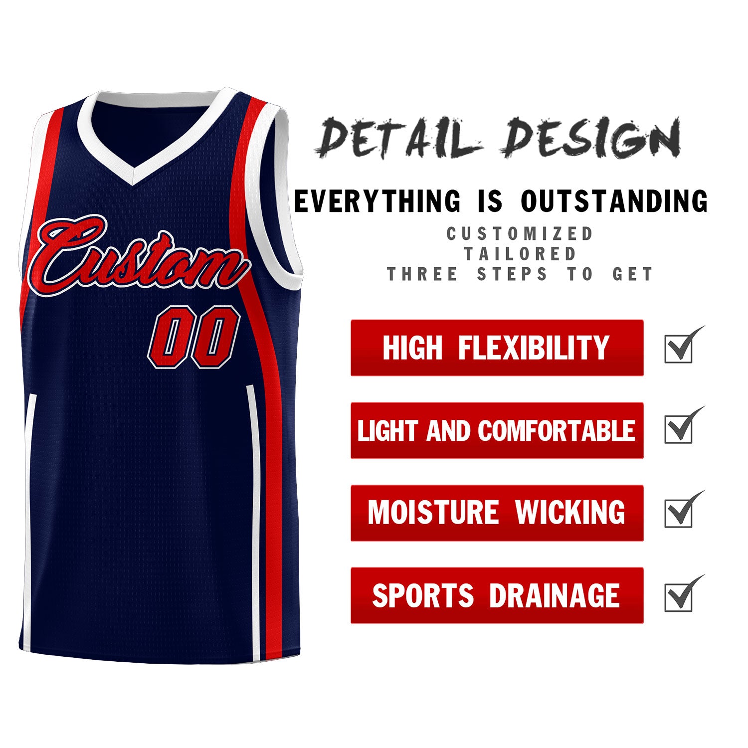 Custom Navy Red-White Ribbon Pattern Basketball Kits