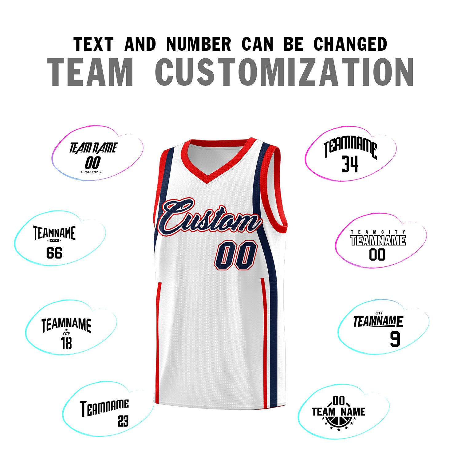 Custom White Navy-Red Ribbon Pattern Basketball Kits