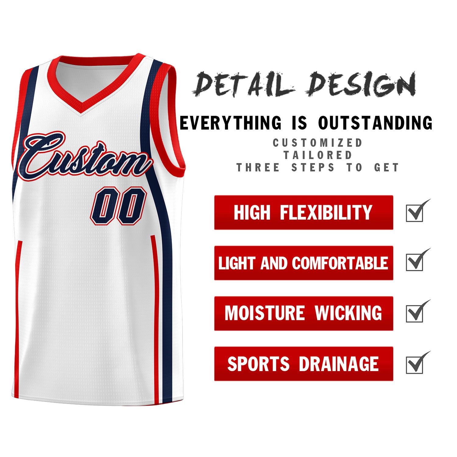 Custom White Navy-Red Ribbon Pattern Basketball Kits