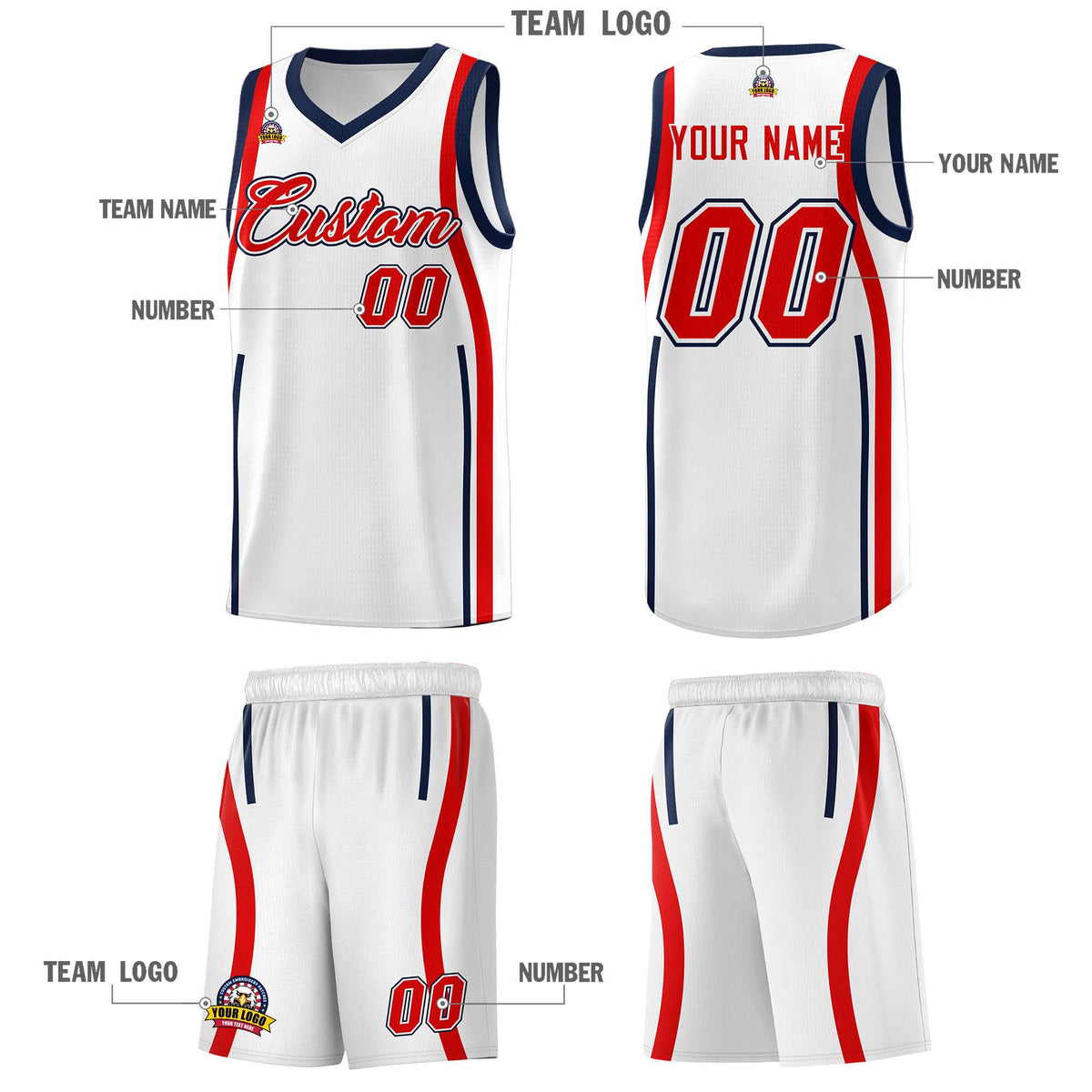 Custom White Navy-Red Ribbon Pattern Basketball Kits