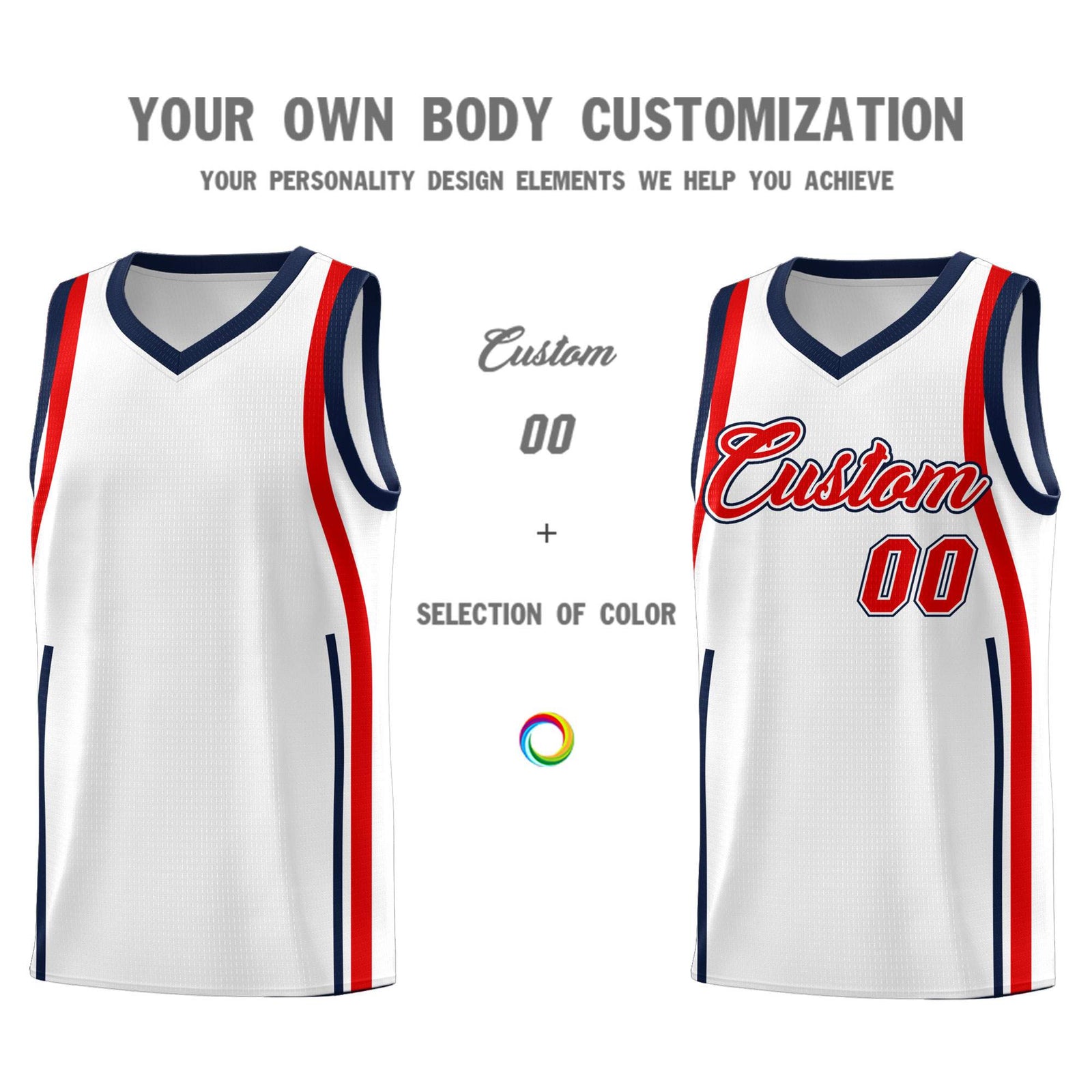 Custom White Navy-Red Ribbon Pattern Basketball Kits