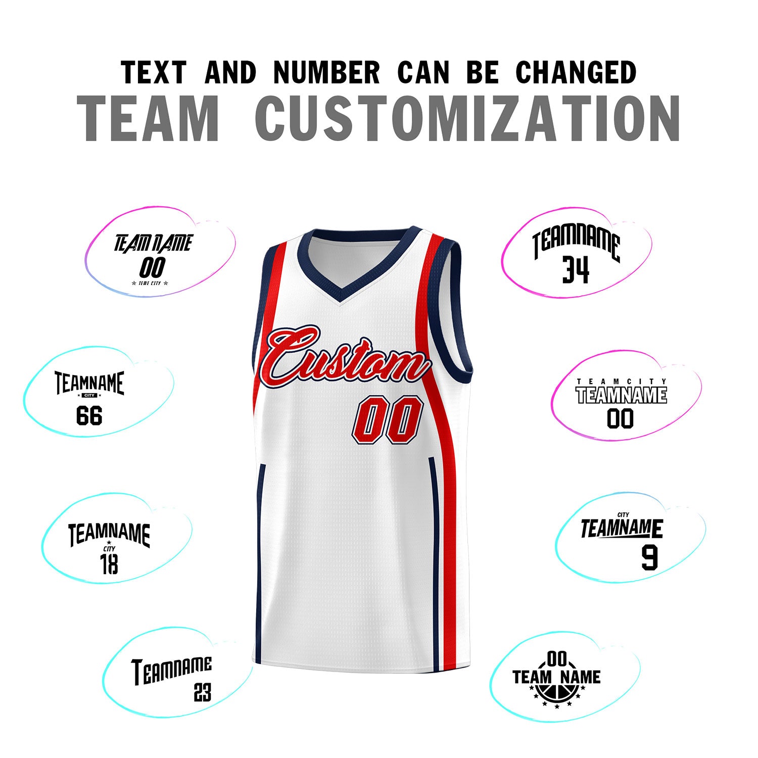 Custom White Navy-Red Ribbon Pattern Basketball Kits