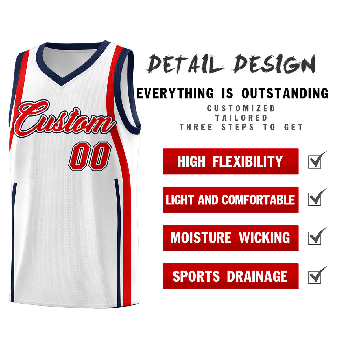 Custom White Navy-Red Ribbon Pattern Basketball Kits