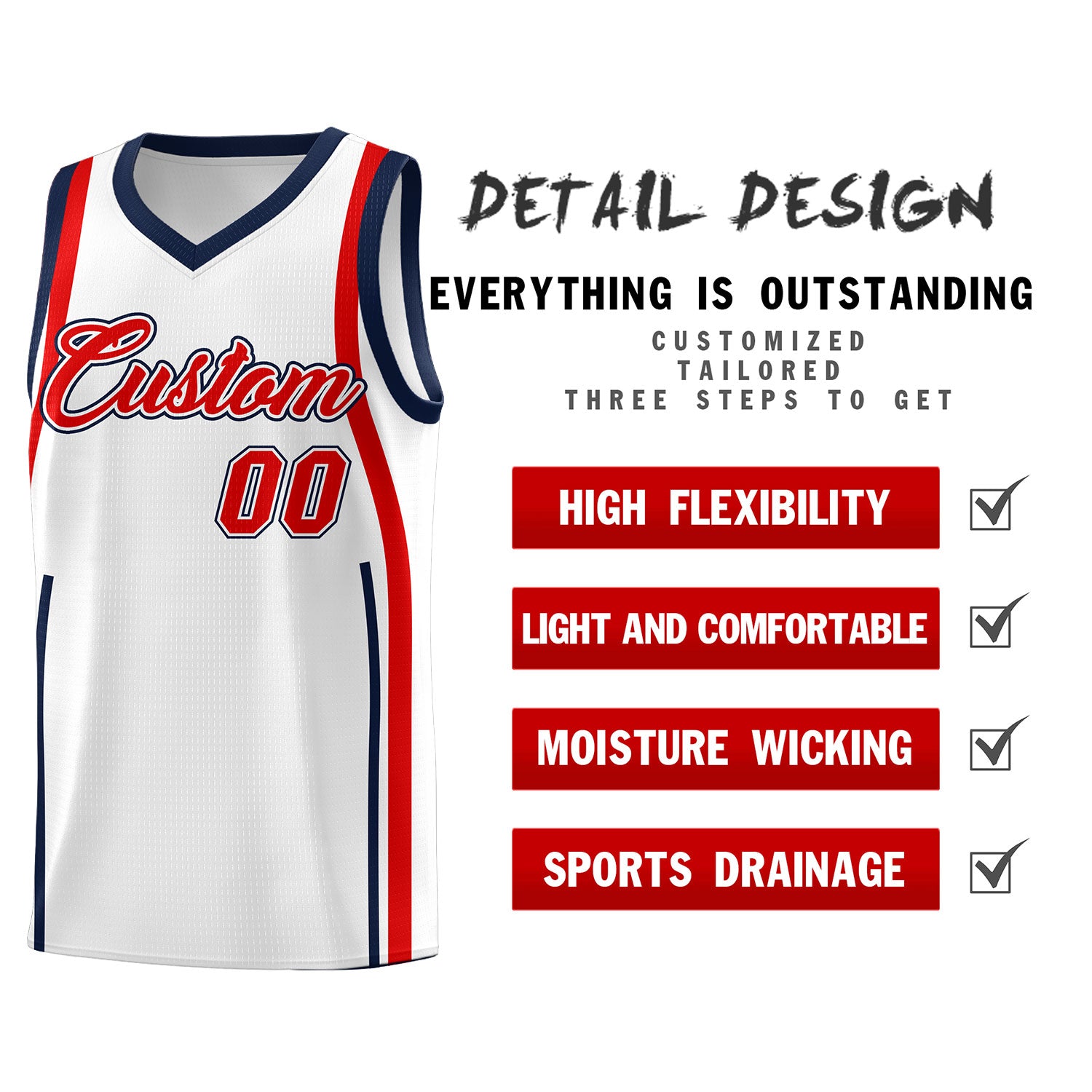 Custom White Navy-Red Ribbon Pattern Basketball Kits