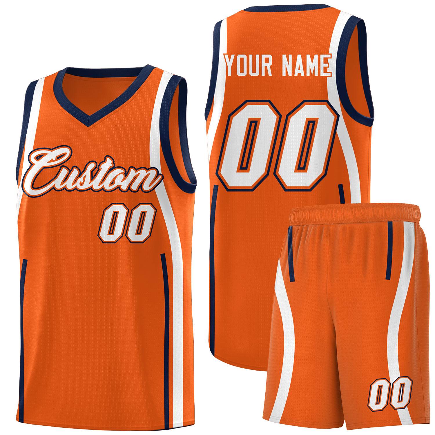 Custom Orange Navy-White Ribbon Pattern Basketball Kits