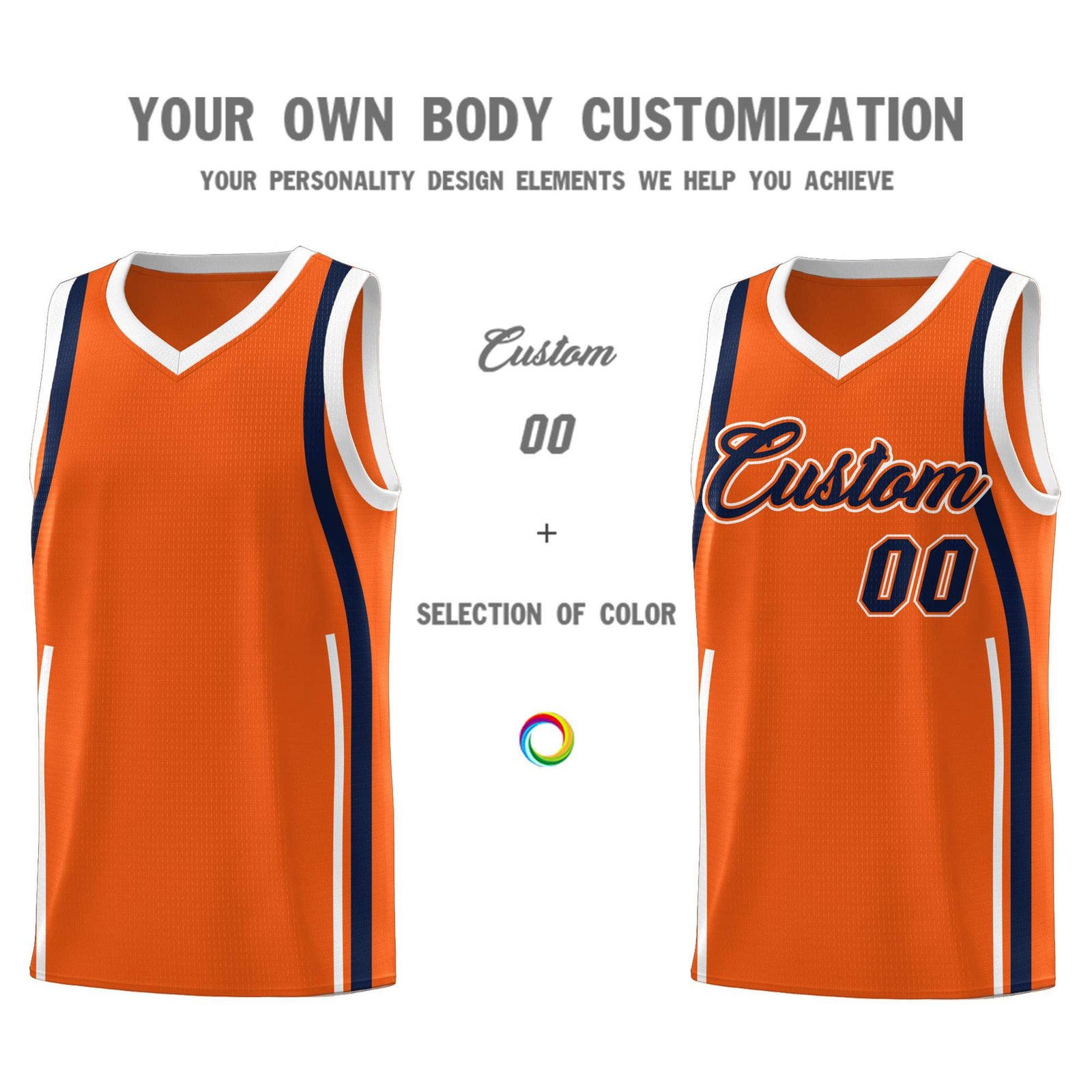 Custom Orange Navy-White Ribbon Pattern Basketball Kits
