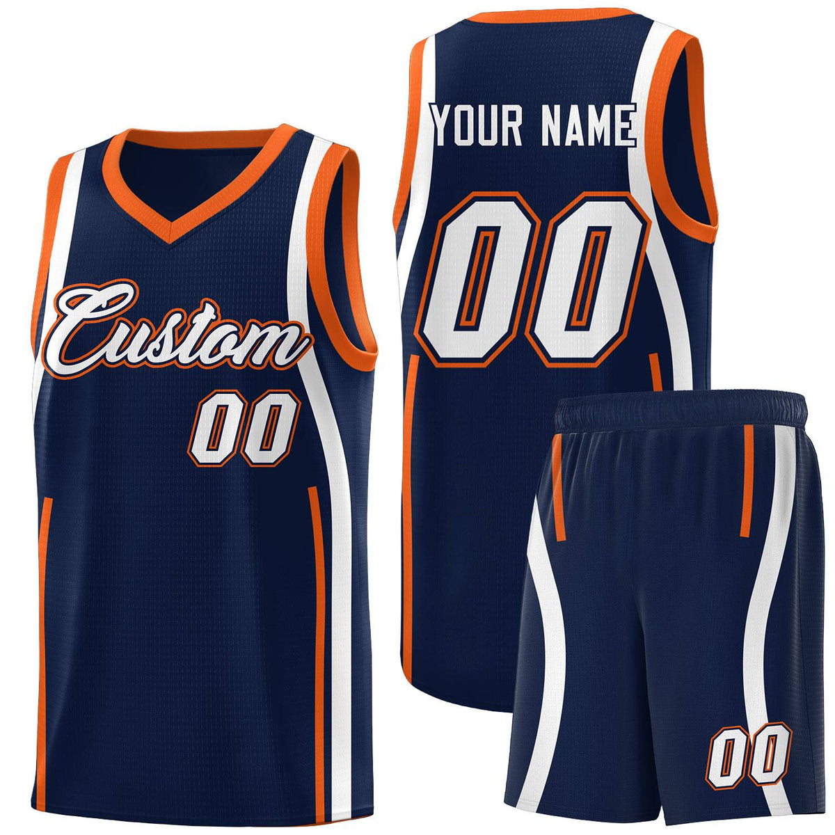 Custom Navy Orange-White Ribbon Pattern Basketball Kits