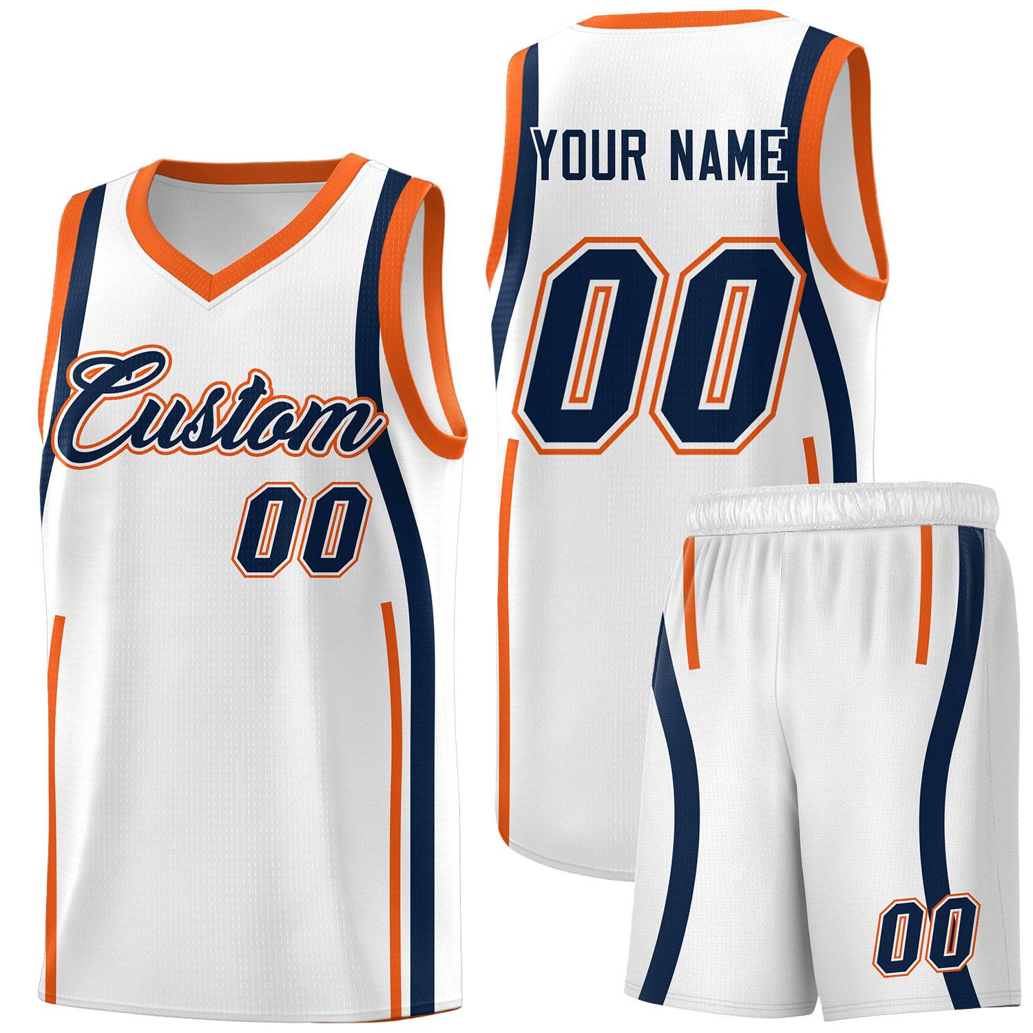 Custom White Navy-Orange Ribbon Pattern Basketball Kits