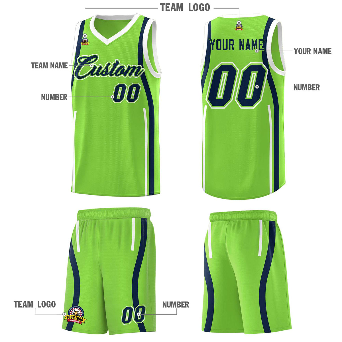 Custom Fluorescent Green Navy-White Ribbon Pattern Basketball Kits