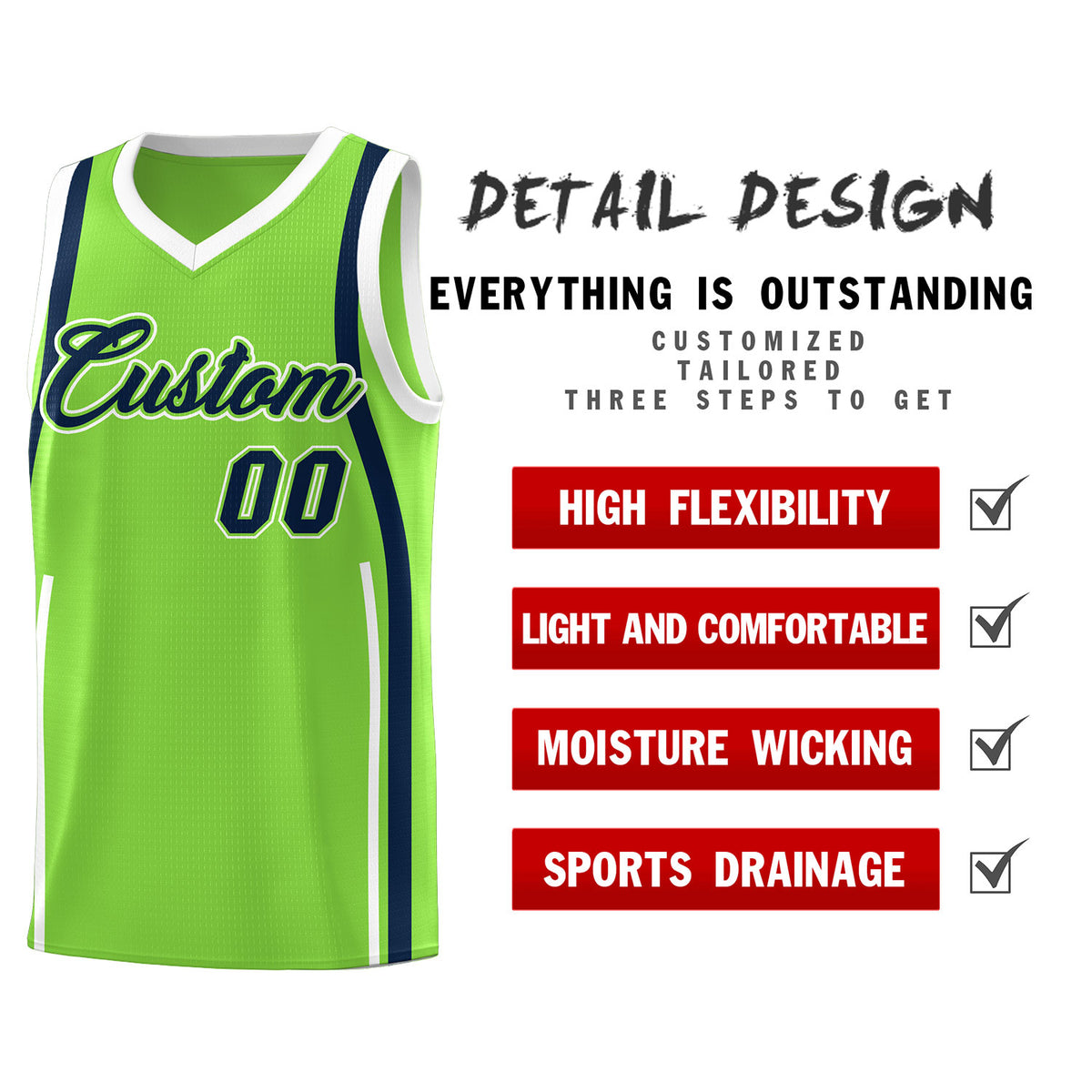 Custom Fluorescent Green Navy-White Ribbon Pattern Basketball Kits