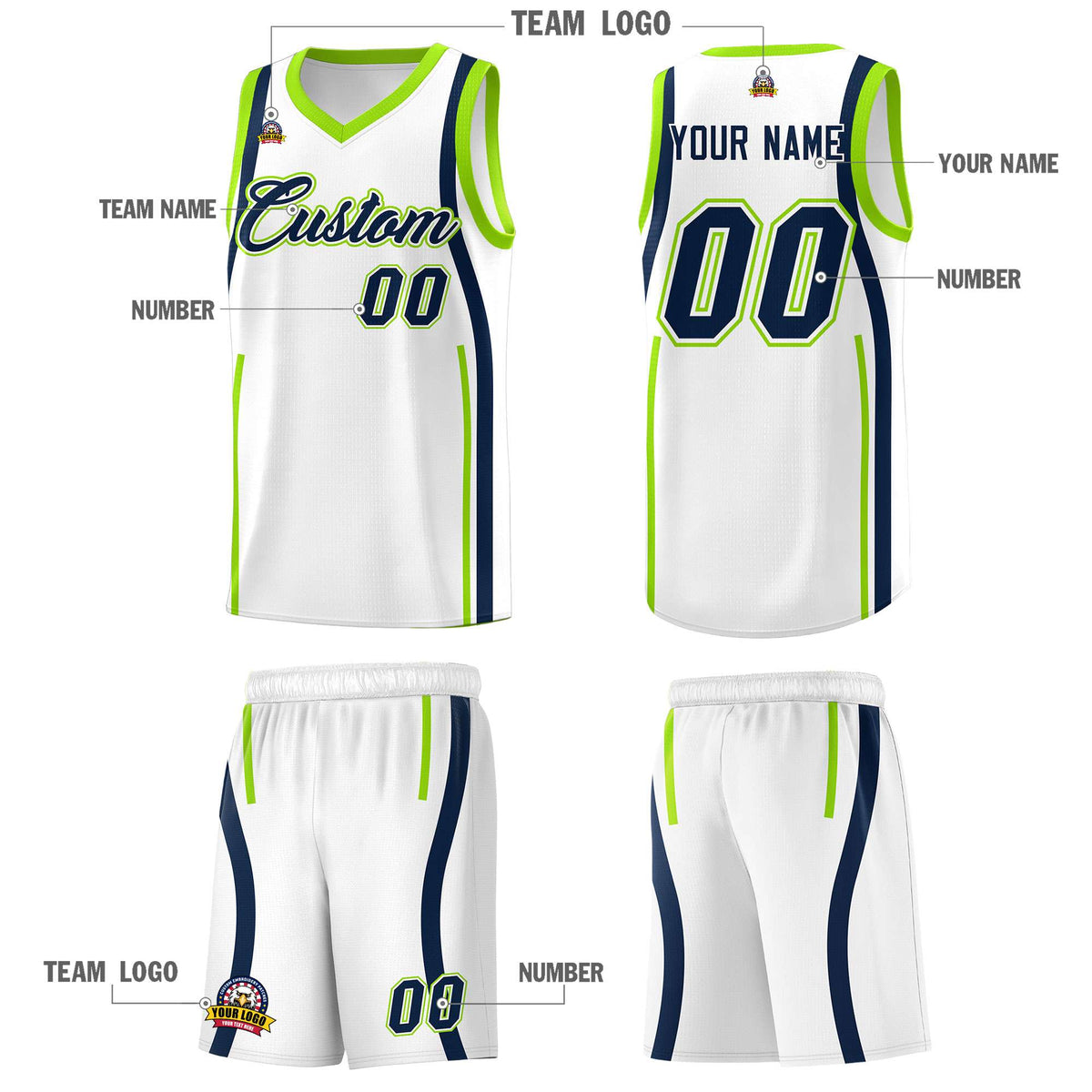 Custom White Fluorescent Green-Navy Ribbon Pattern Basketball Kits