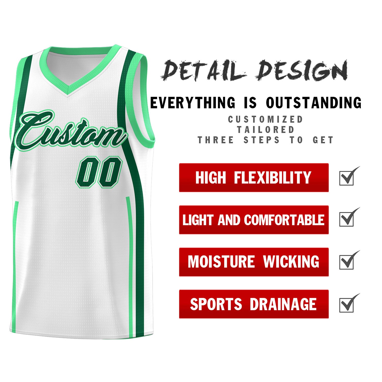 Custom White Kelly Green-Green Ribbon Pattern Basketball Kits