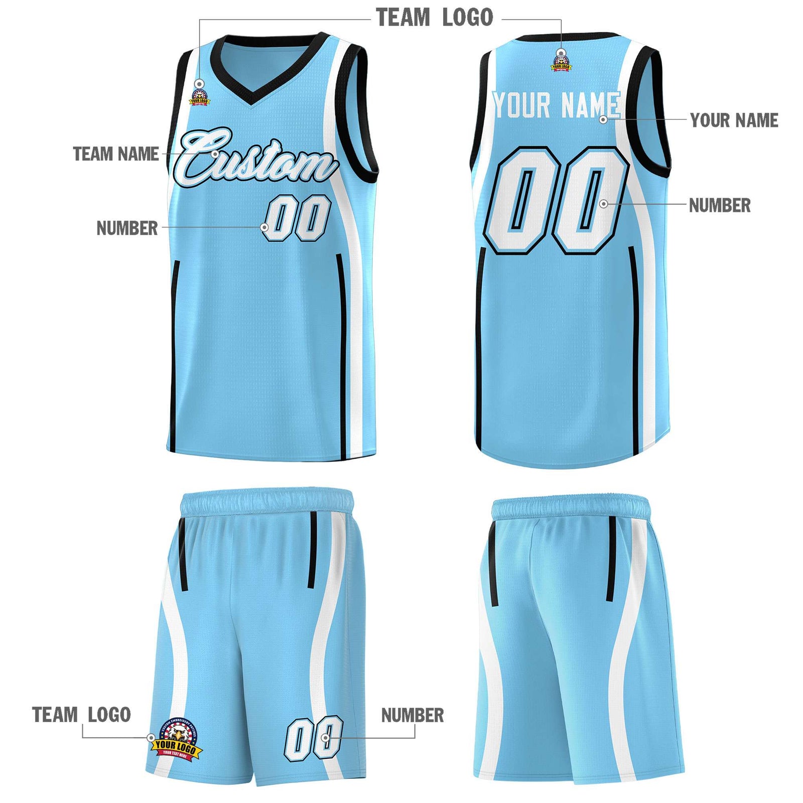 Custom Light Blue Black-White Ribbon Pattern Basketball Kits