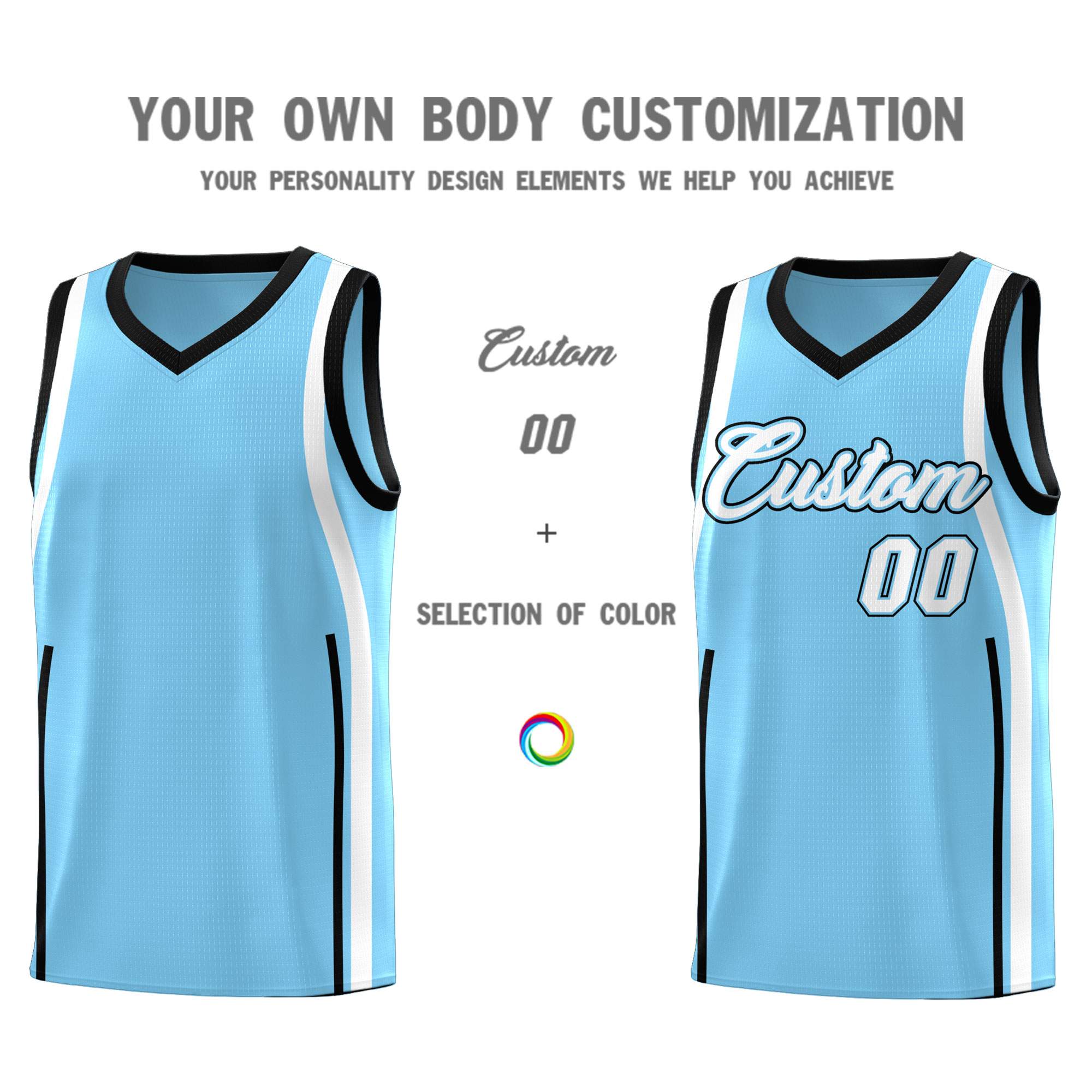 Custom Light Blue Black-White Ribbon Pattern Basketball Kits