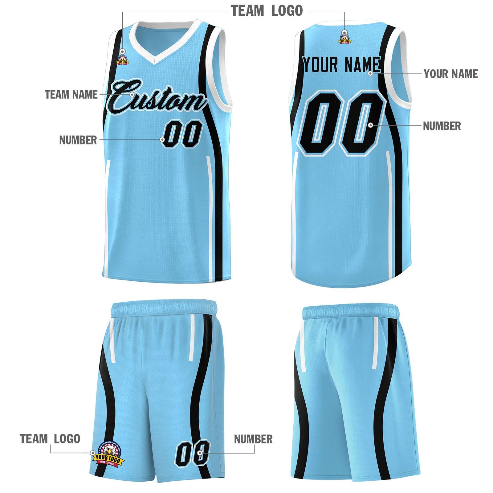 Custom Light Blue Black-White Ribbon Pattern Basketball Kits