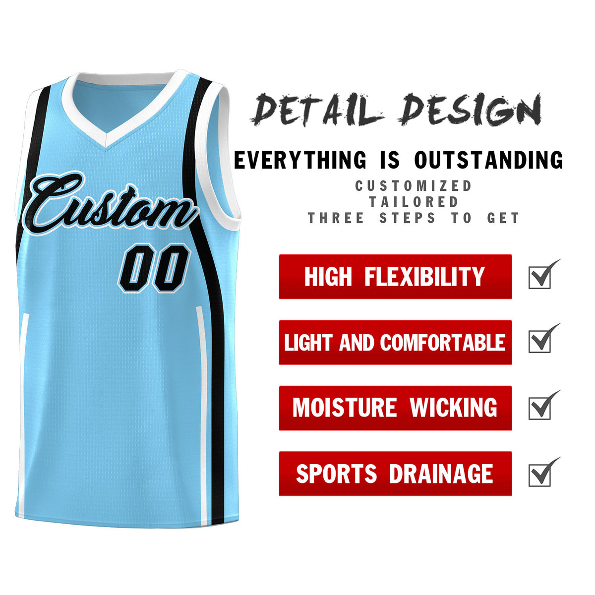 Custom Light Blue Black-White Ribbon Pattern Basketball Kits