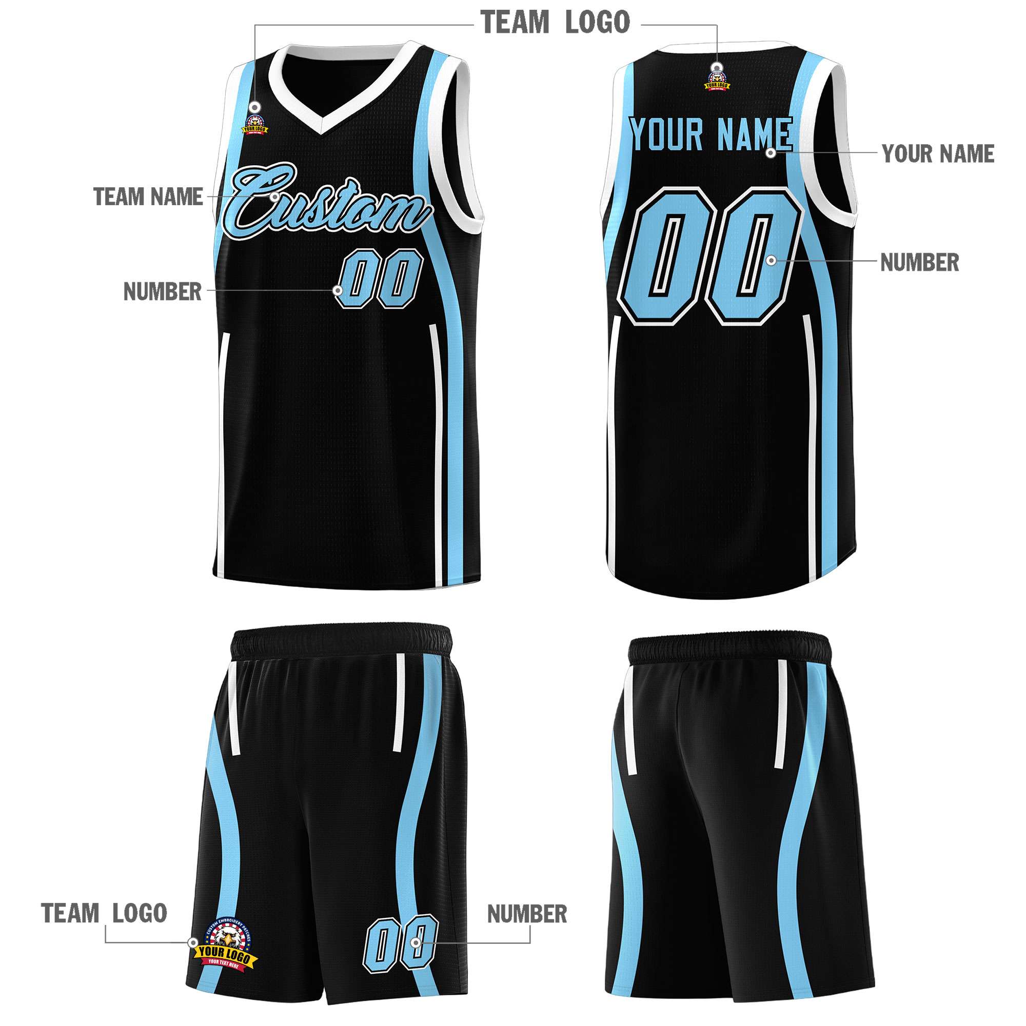 Custom Black Light Blue-White Ribbon Pattern Basketball Kits