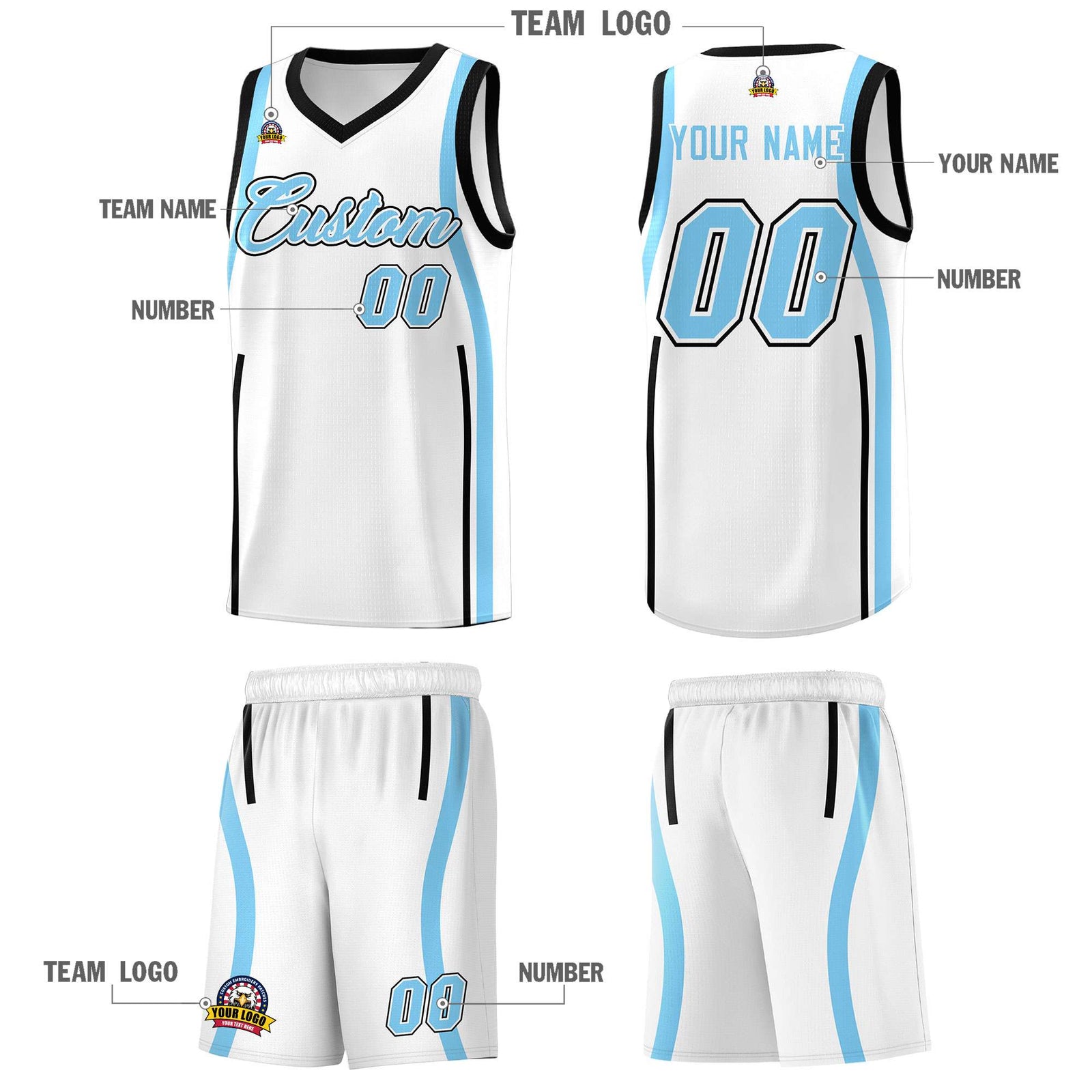 Custom White Light Blue-Black Ribbon Pattern Basketball Kits