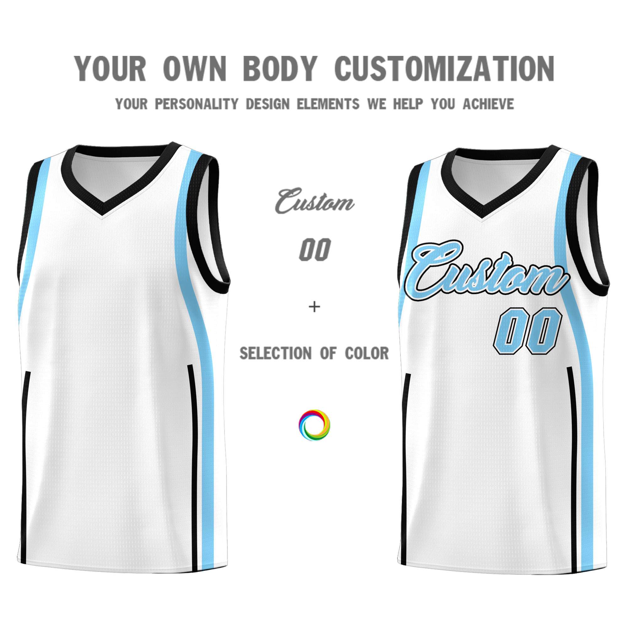 Custom White Light Blue-Black Ribbon Pattern Basketball Kits
