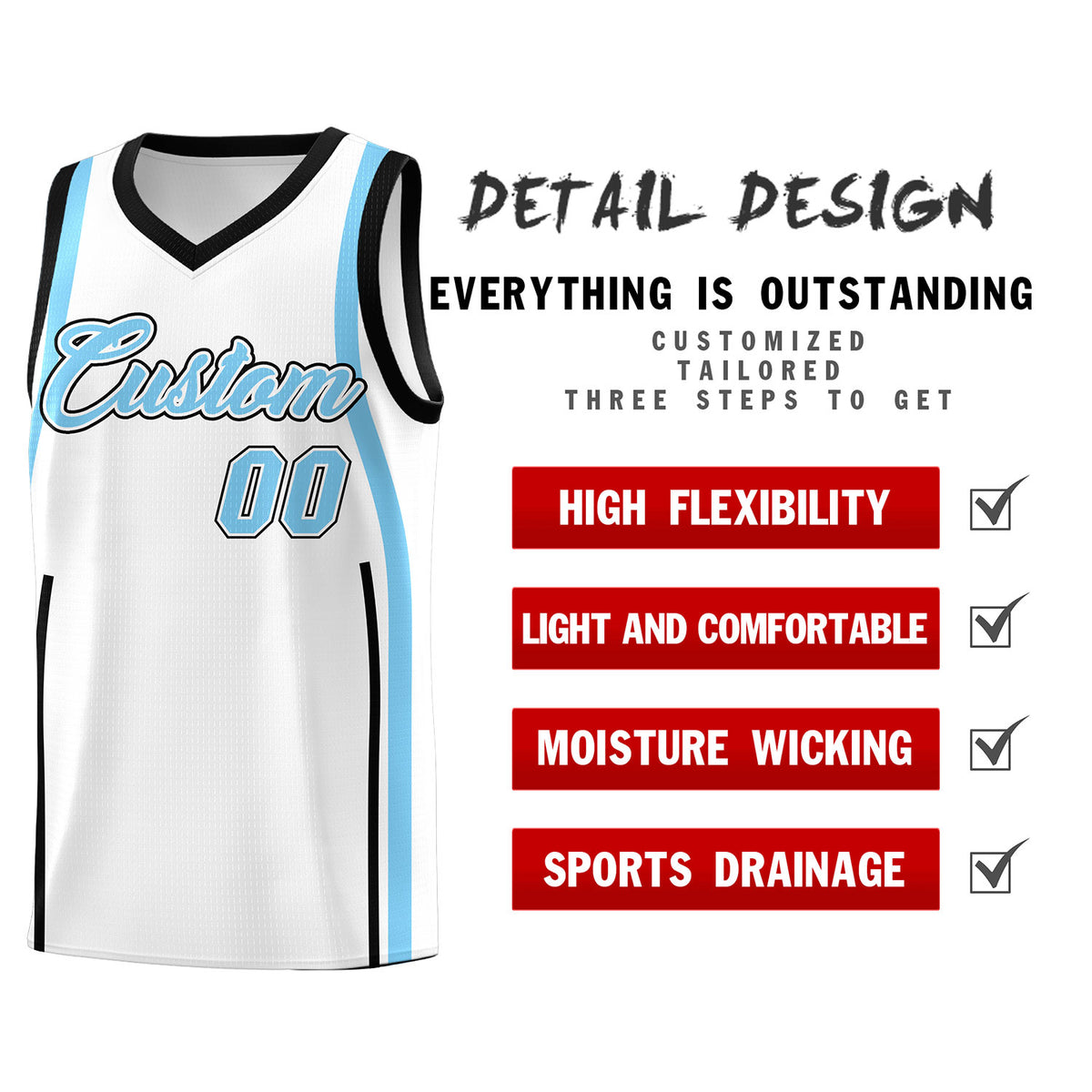 Custom White Light Blue-Black Ribbon Pattern Basketball Kits
