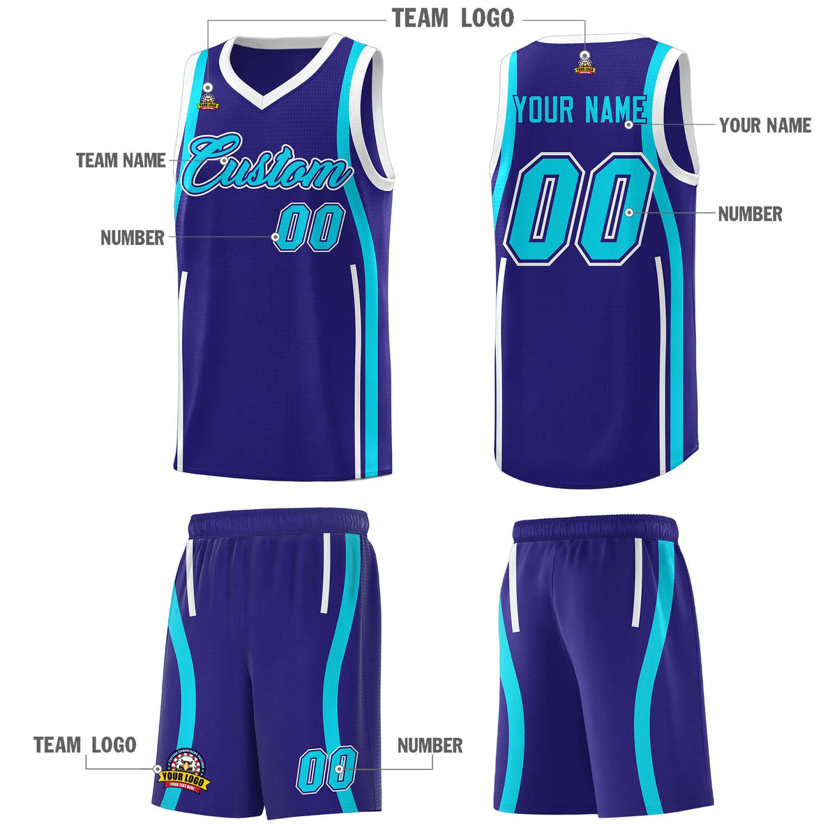 Custom Royal Sky Blue-White Ribbon Pattern Basketball Kits