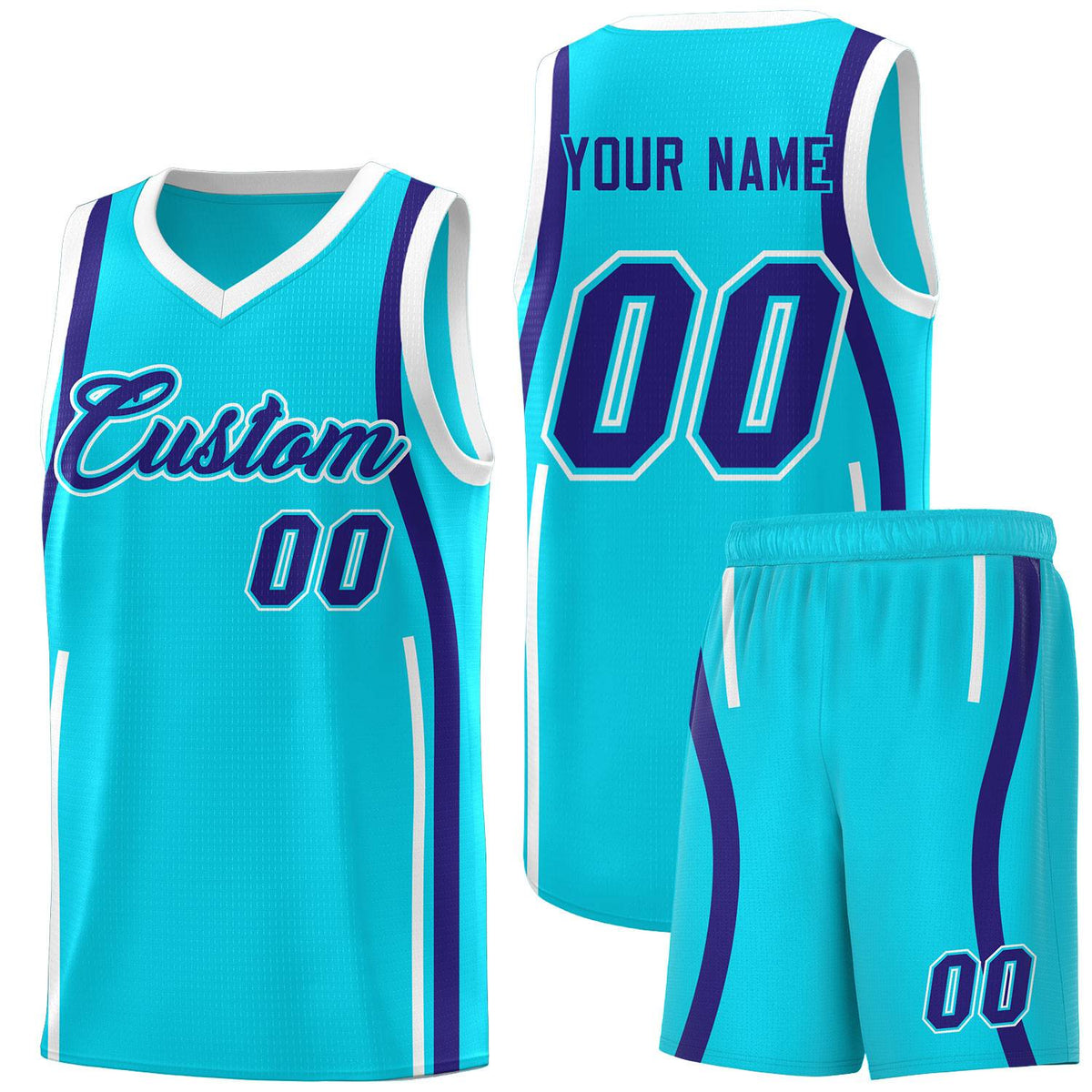 Custom Sky Blue Royal-White Ribbon Pattern Basketball Kits