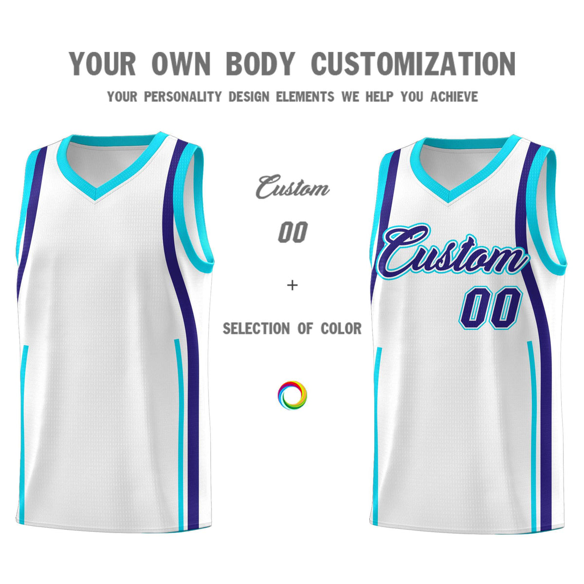 Custom White Sky Blue-Royal Ribbon Pattern Basketball Kits