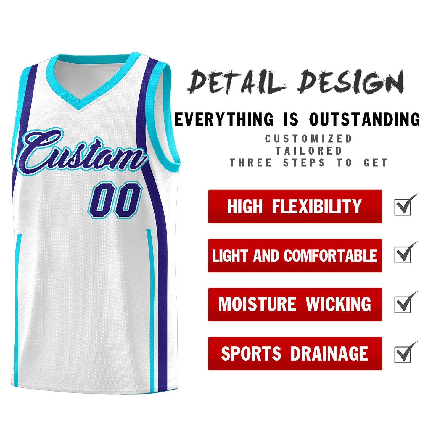 Custom White Sky Blue-Royal Ribbon Pattern Basketball Kits
