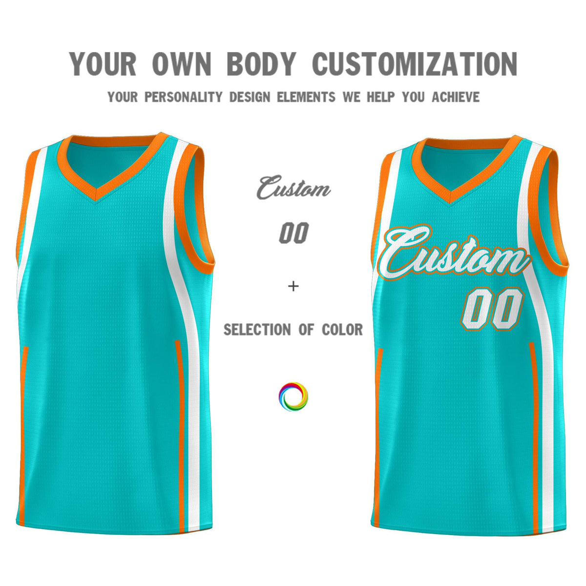 Custom Aqua Orange-White Ribbon Pattern Basketball Kits