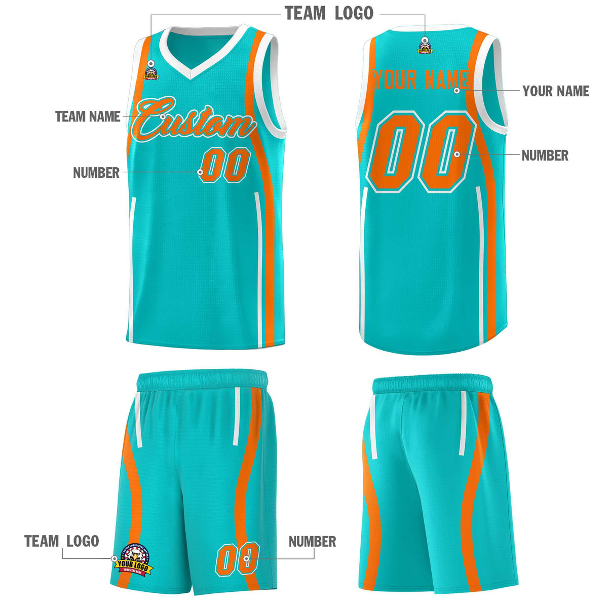 Custom Aqua Orange-White Ribbon Pattern Basketball Kits