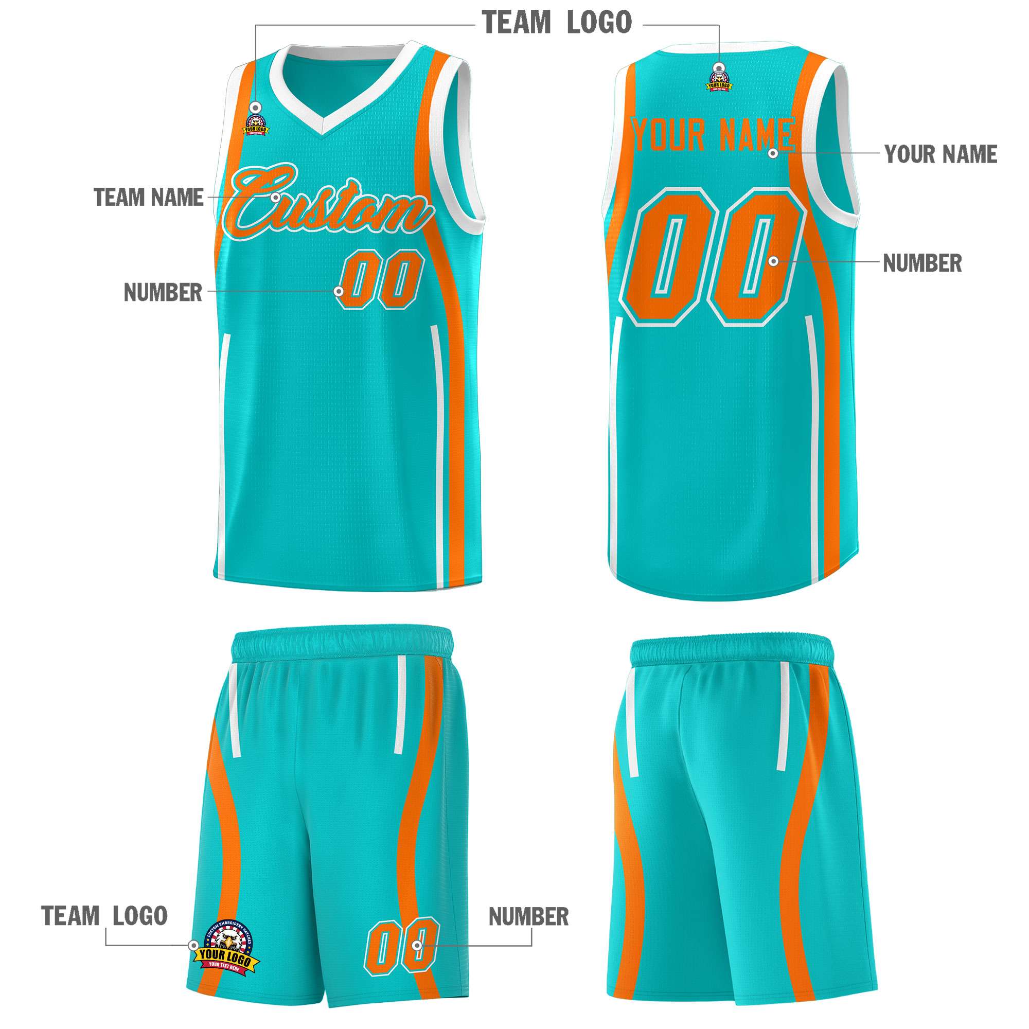 Custom Aqua Orange-White Ribbon Pattern Basketball Kits